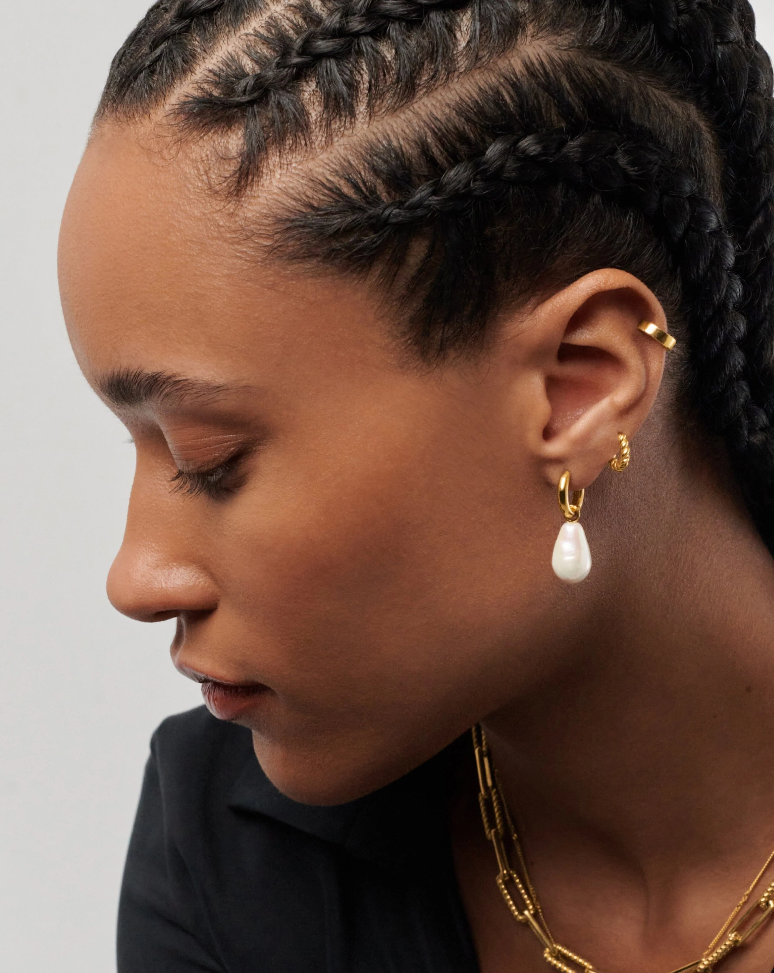 Baroque Pearl Drop Tunnel Mini Hoop Earrings | 18ct Gold Vermeil/Pearl - Image 2