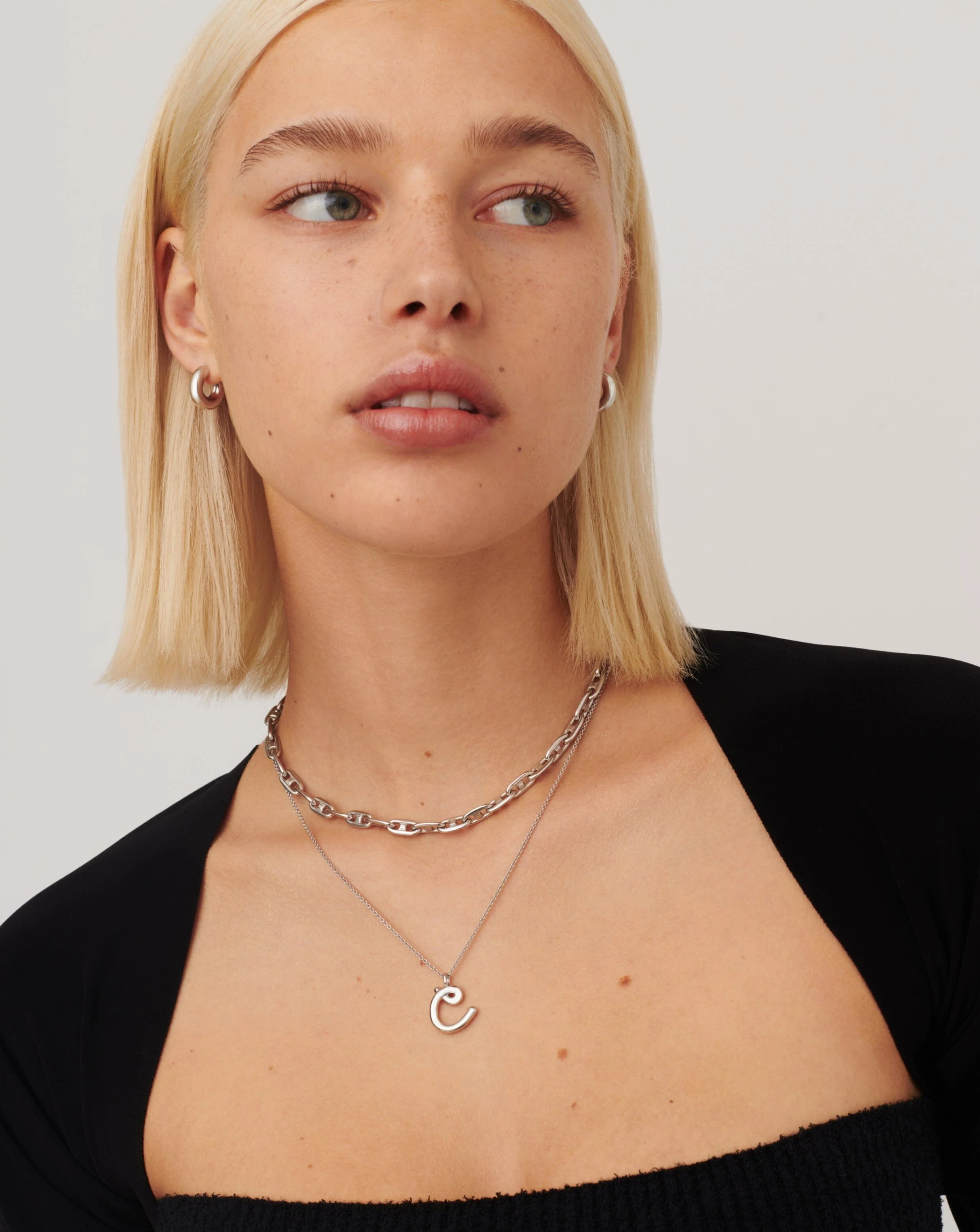 Curly Molten Initial Pendant Necklace - C | Sterling Silver - Image 2