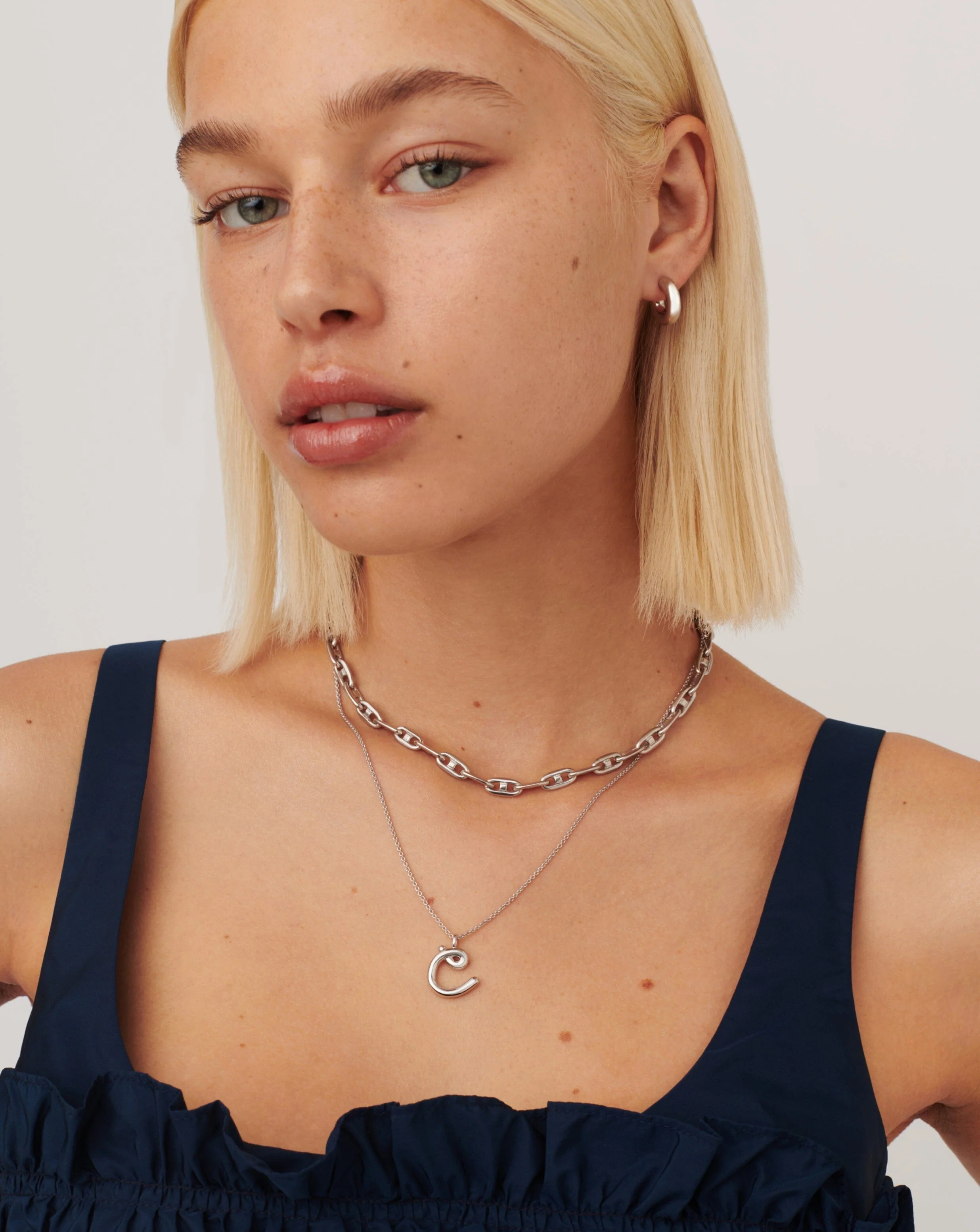 Curly Molten Initial Pendant Necklace - C | Sterling Silver - Image 3