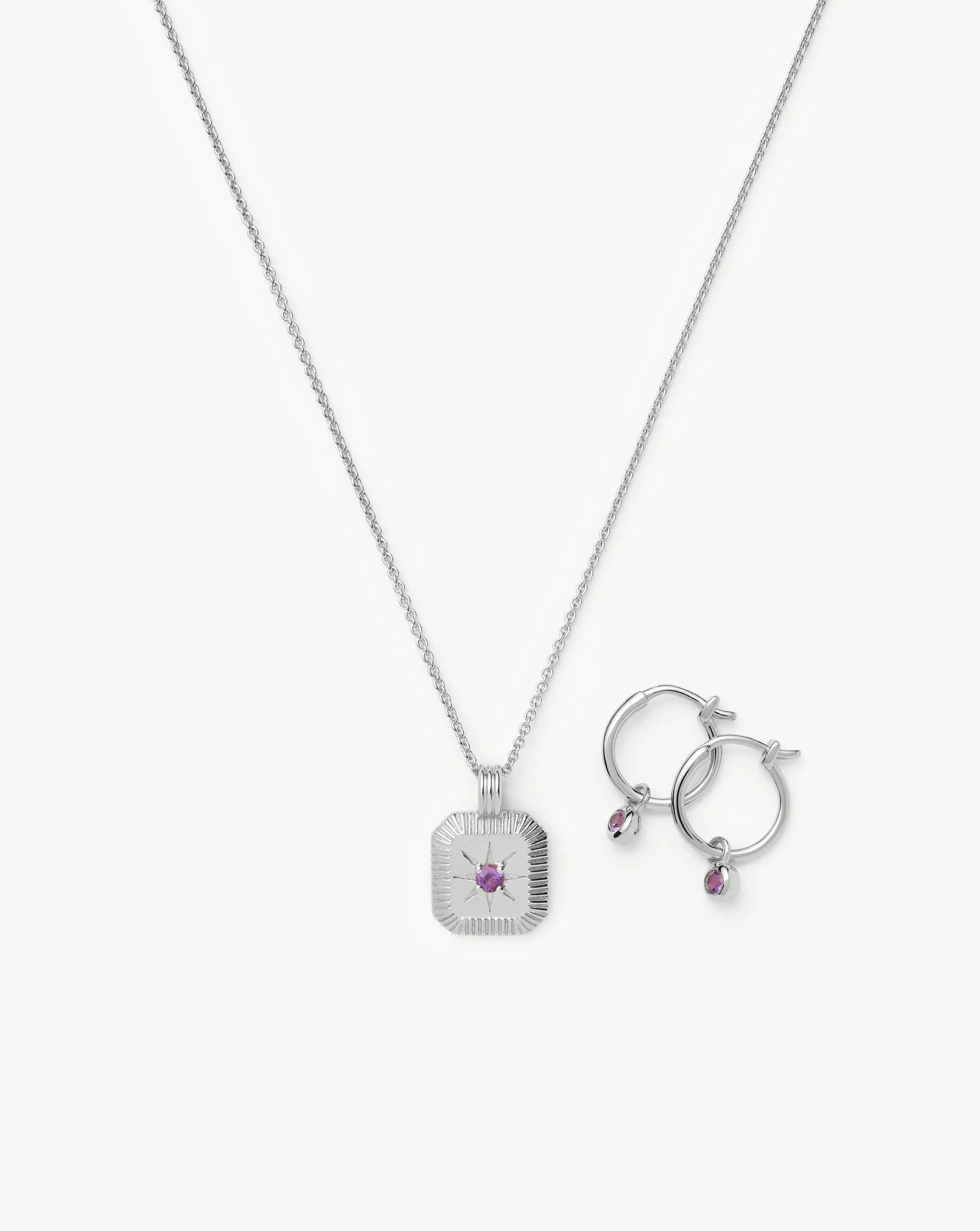 February Birthstone Necklace & Charm Earrings Set | Sterling Silver/Amethyst