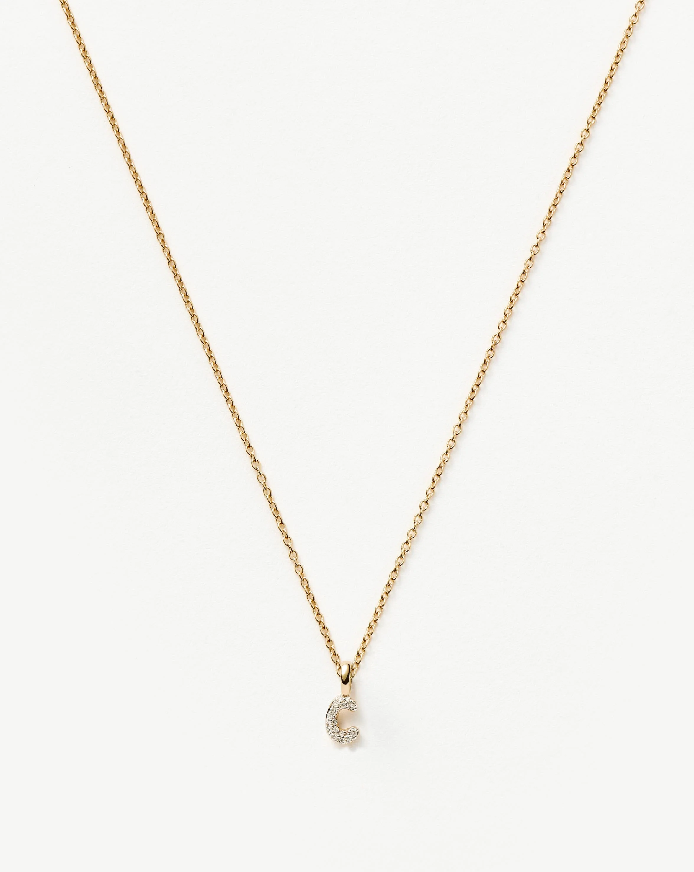 Solid Gold Diamond Initial Mini Pendant Necklace - C| 14ct Solid Yellow Gold Plated/Diamond