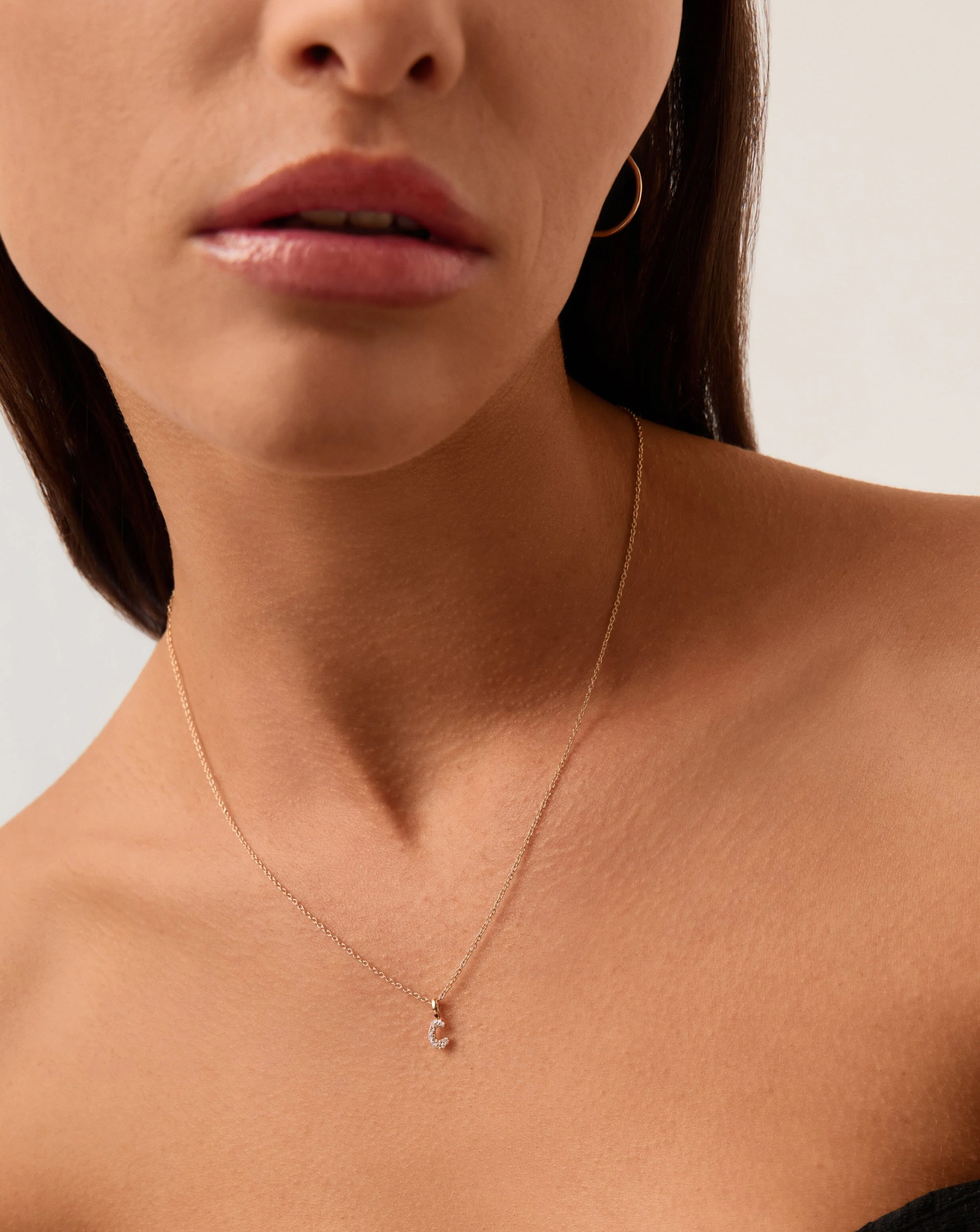 Solid Gold Diamond Initial Mini Pendant Necklace - C| 14ct Solid Yellow Gold Plated/Diamond - Image 2