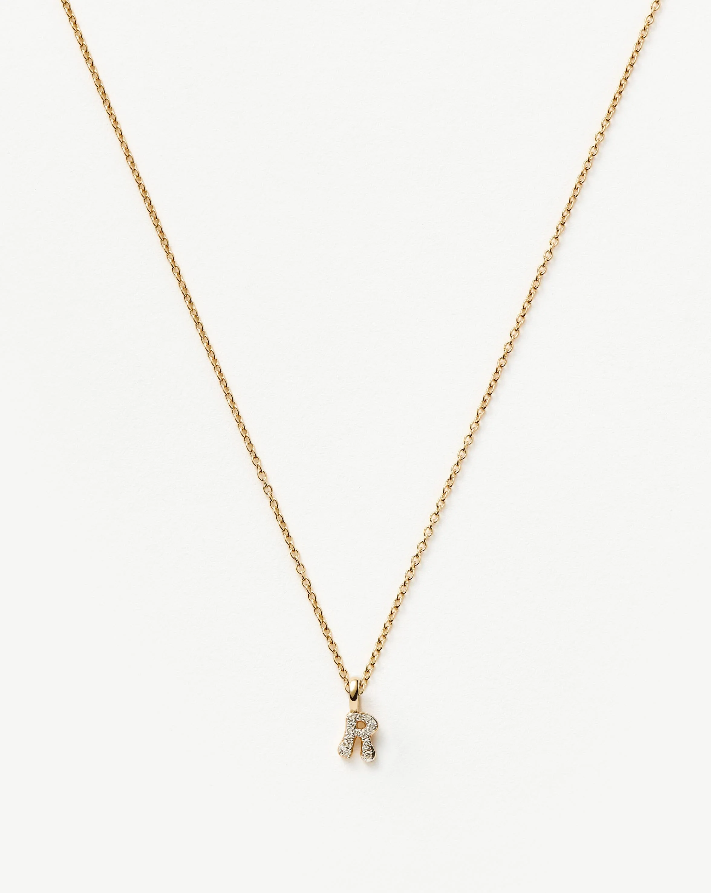 Solid Gold Diamond Initial Mini Pendant Necklace - R | 14ct Solid Yellow Gold Plated/Diamond
