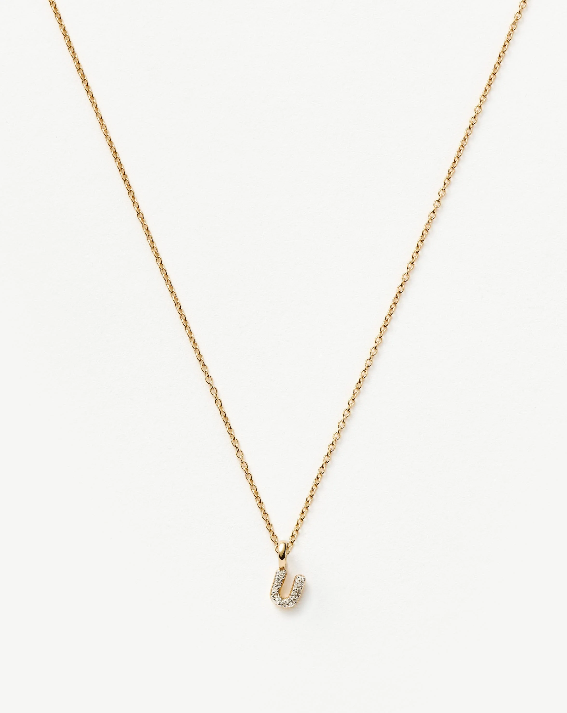 Solid Gold Diamond Initial Mini Pendant Necklace - U | 14ct Solid Yellow Gold Plated/Diamond