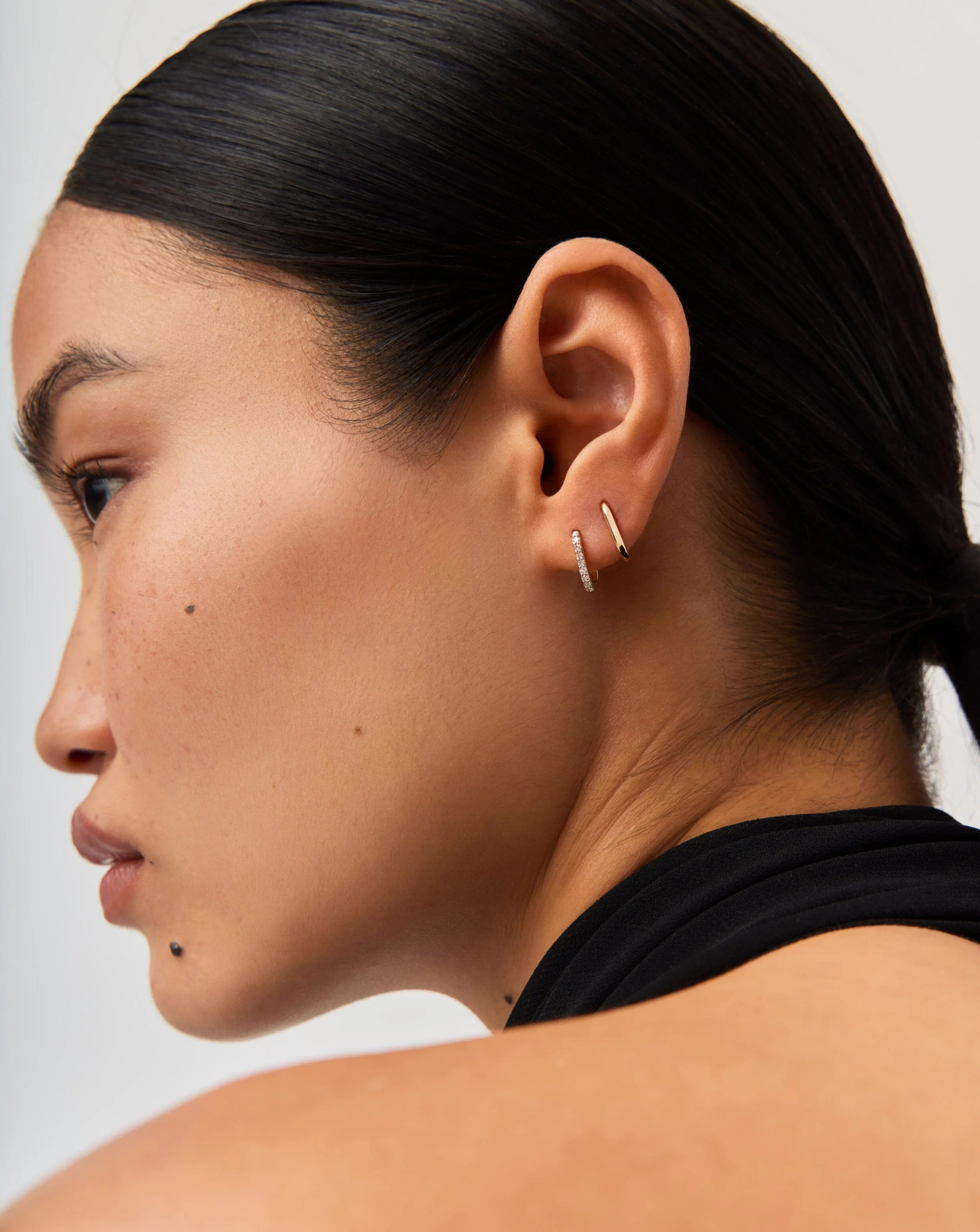 Solid Gold Diamond Ovate Mini Hoop Earrings | 14ct Solid Gold/Diamond - Image 2