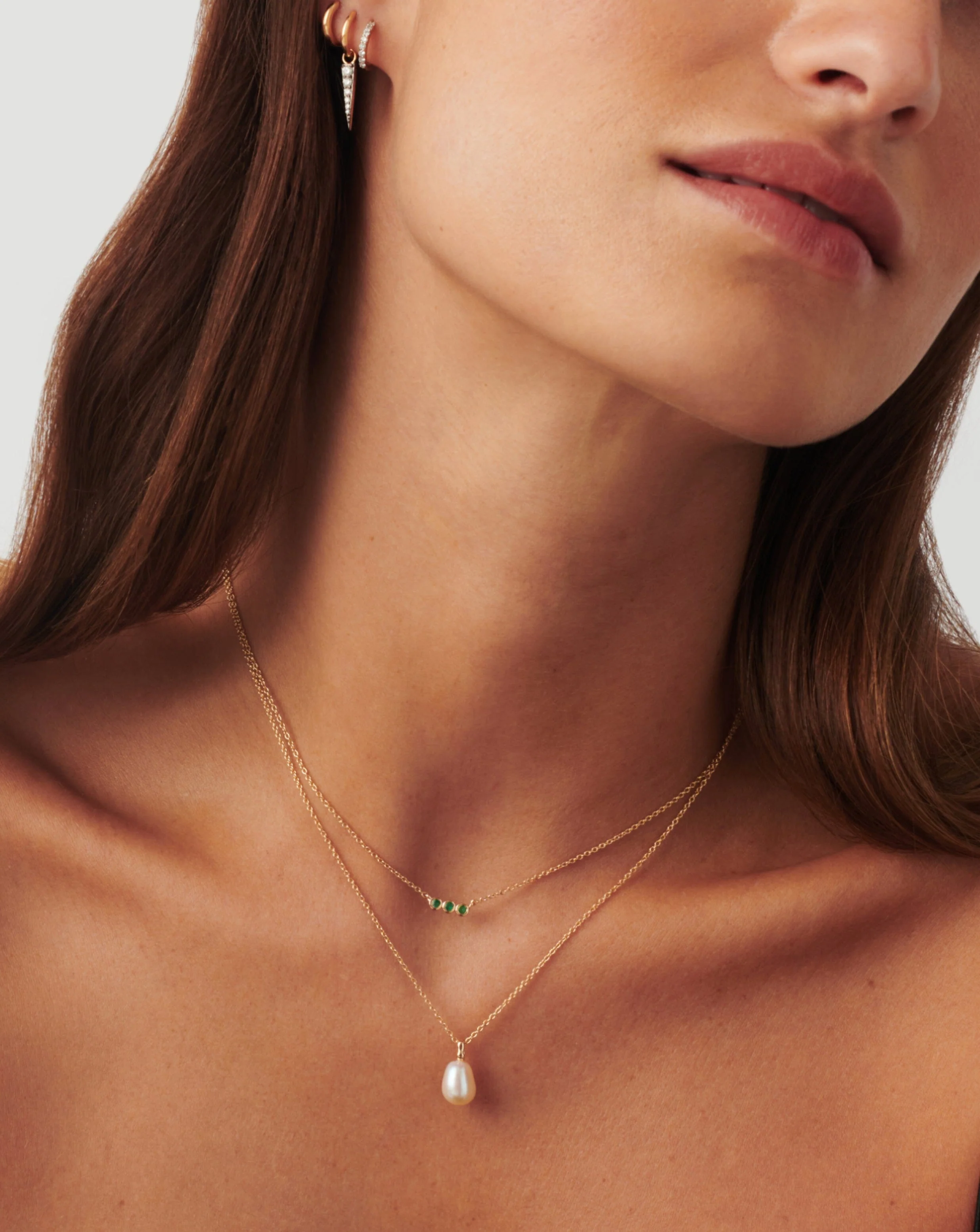 Solid Gold Emerald Solitaire Trio Necklace - Image 3