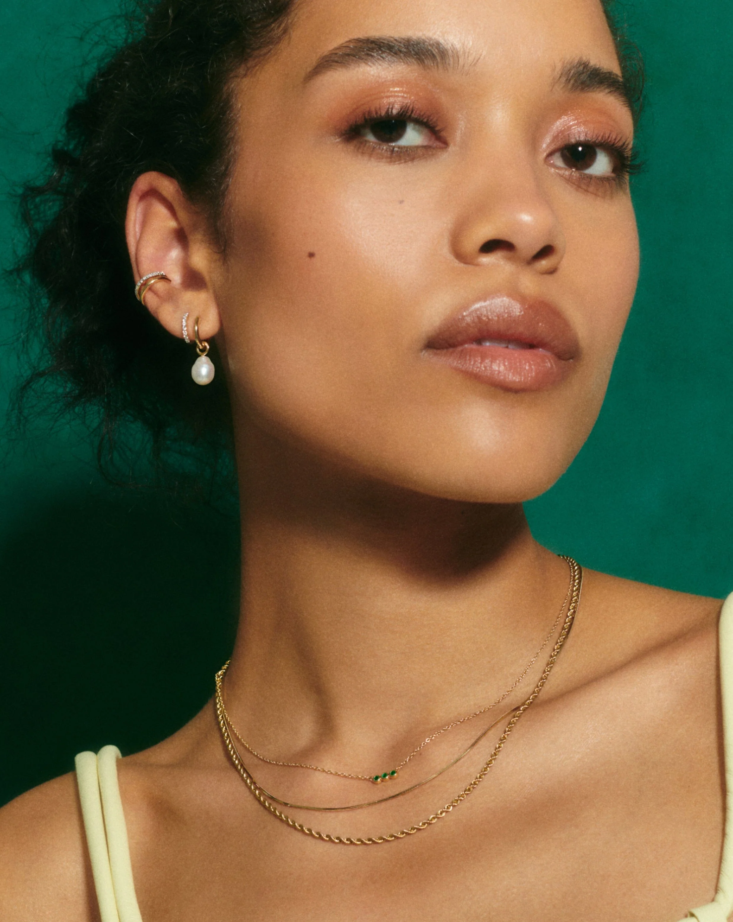 Solid Gold Emerald Solitaire Trio Necklace - Image 6