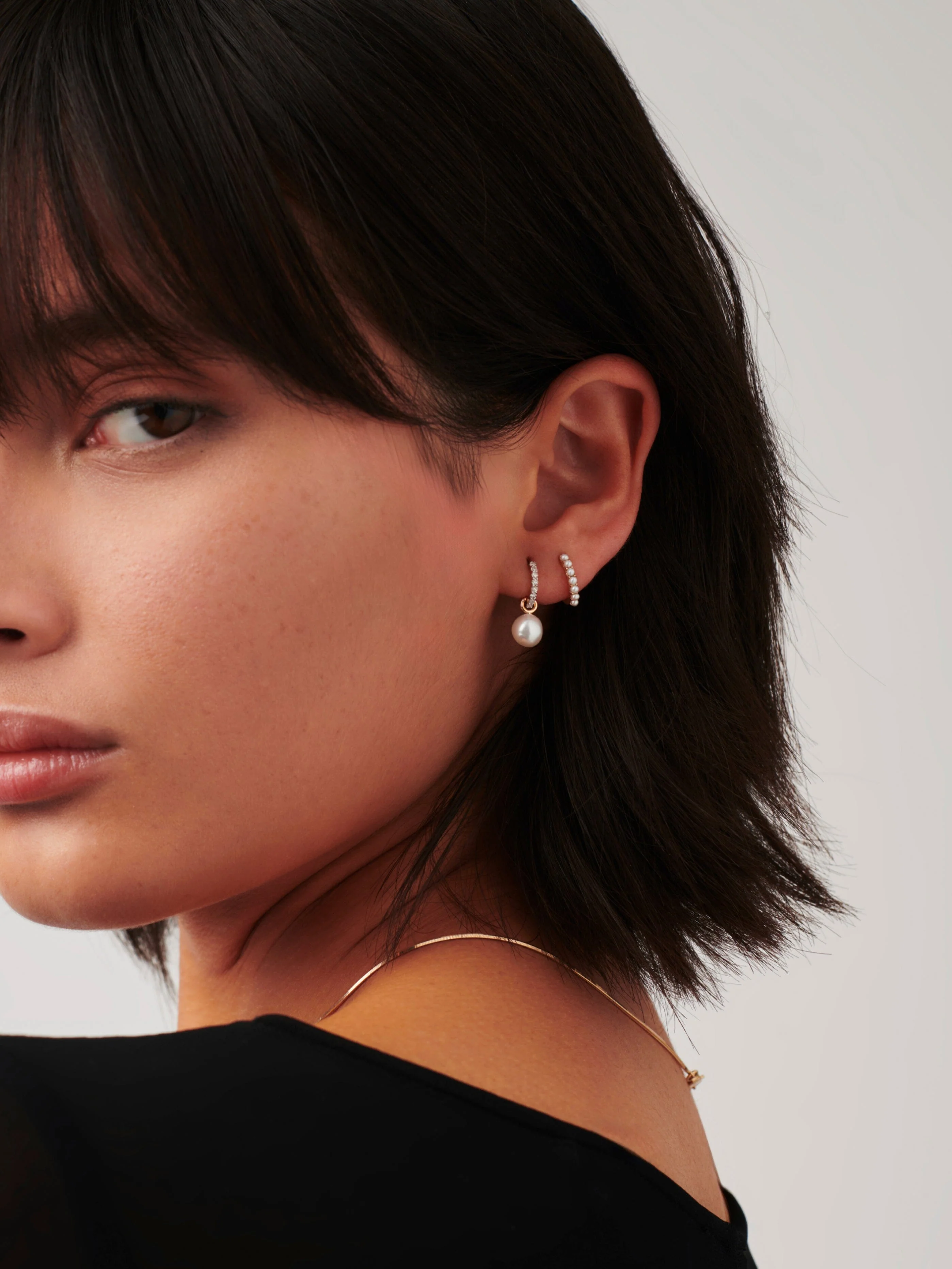 Solid Gold Diamond & Pearl Charm Hoop Earrings | 14ct Solid Gold/Pearl & Diamond - Image 3