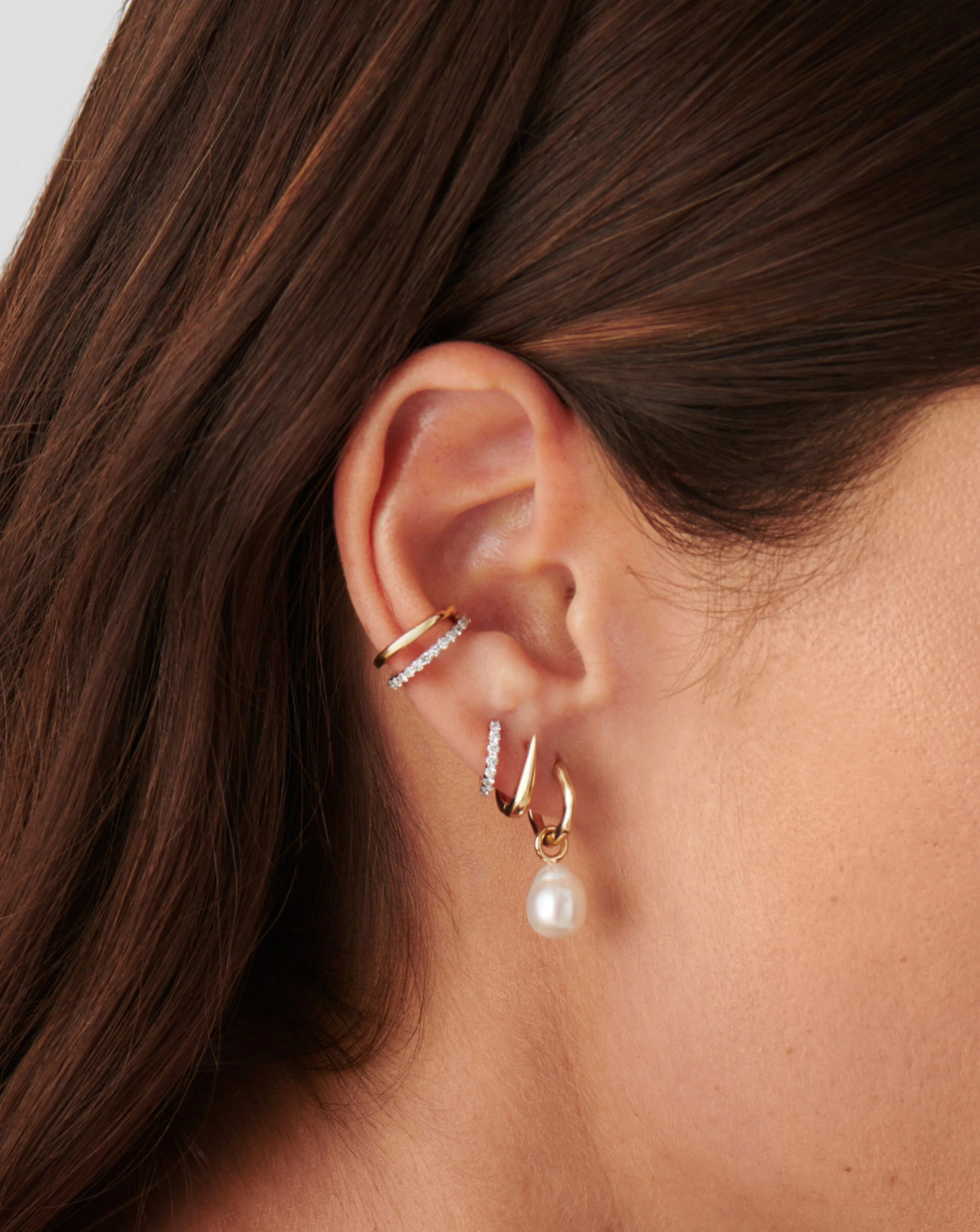 Solid Gold Pearl Drop Mini Hoop Earrings - Image 2