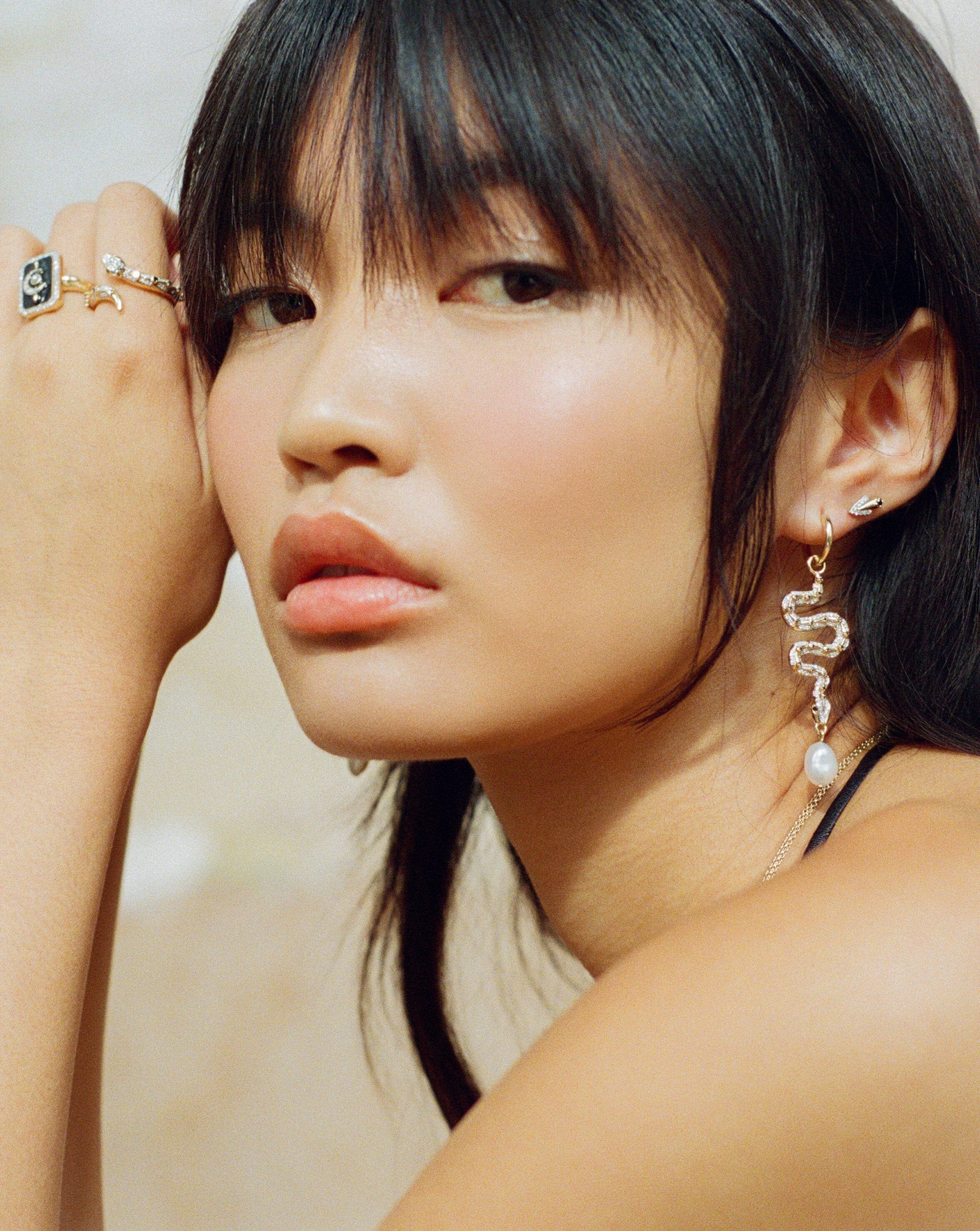 Harris Reed Solid Gold Serpent Drop Earrings | 14ct Solid Gold/Pearl & Diamond - Image 3