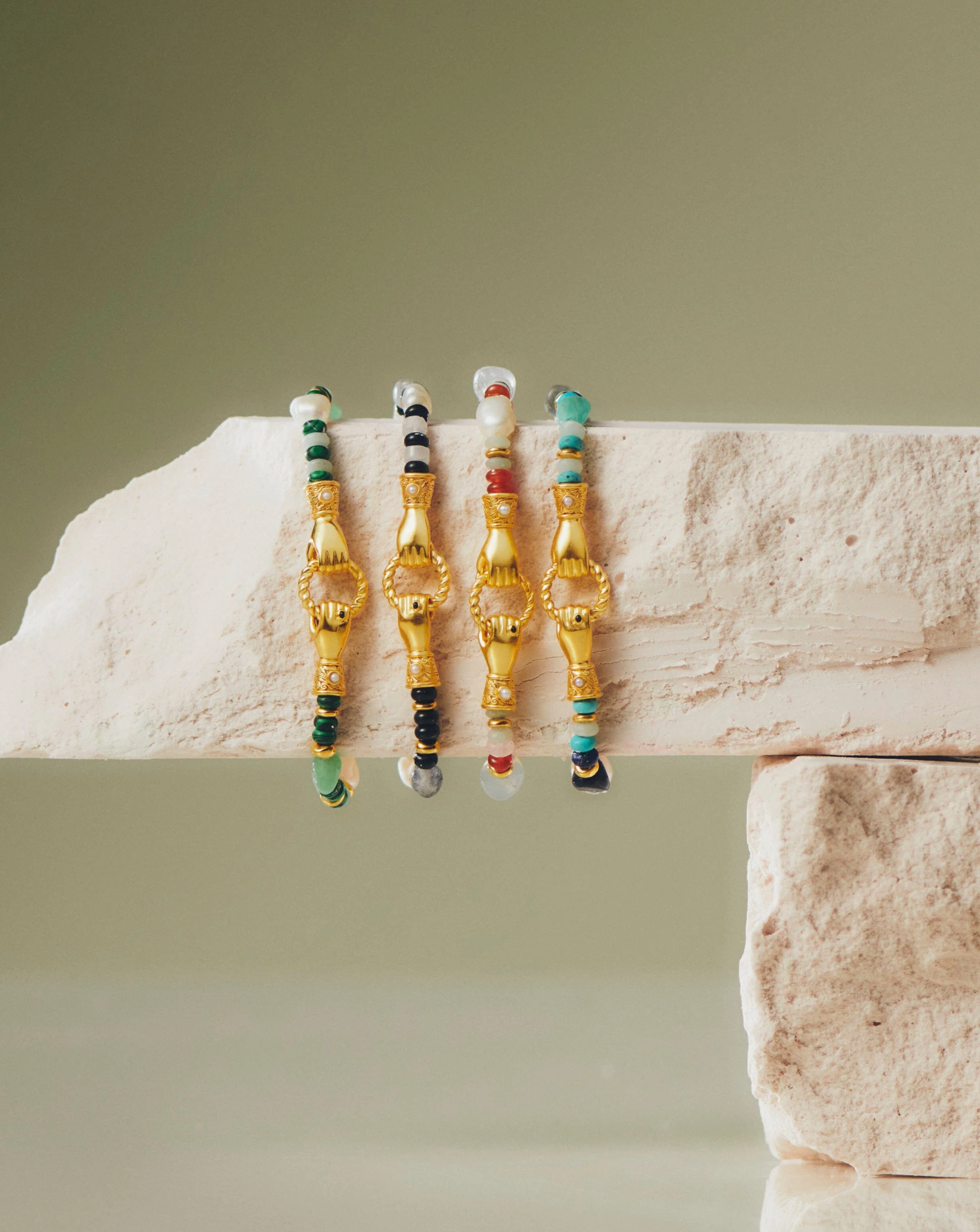 Harris Reed In Good Hands Beaded Gemstone Bracelet | 18ct Gold Plated/Multi Green Gemstone & Pearl - Image 3