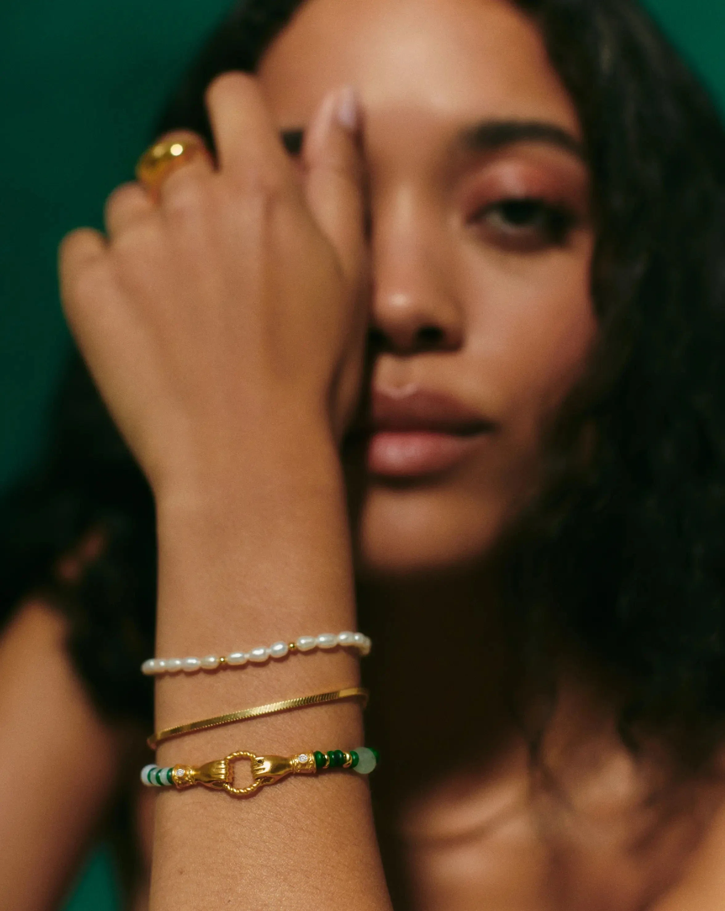 Harris Reed In Good Hands Beaded Gemstone Bracelet | 18ct Gold Plated/Multi Green Gemstone & Pearl - Image 4