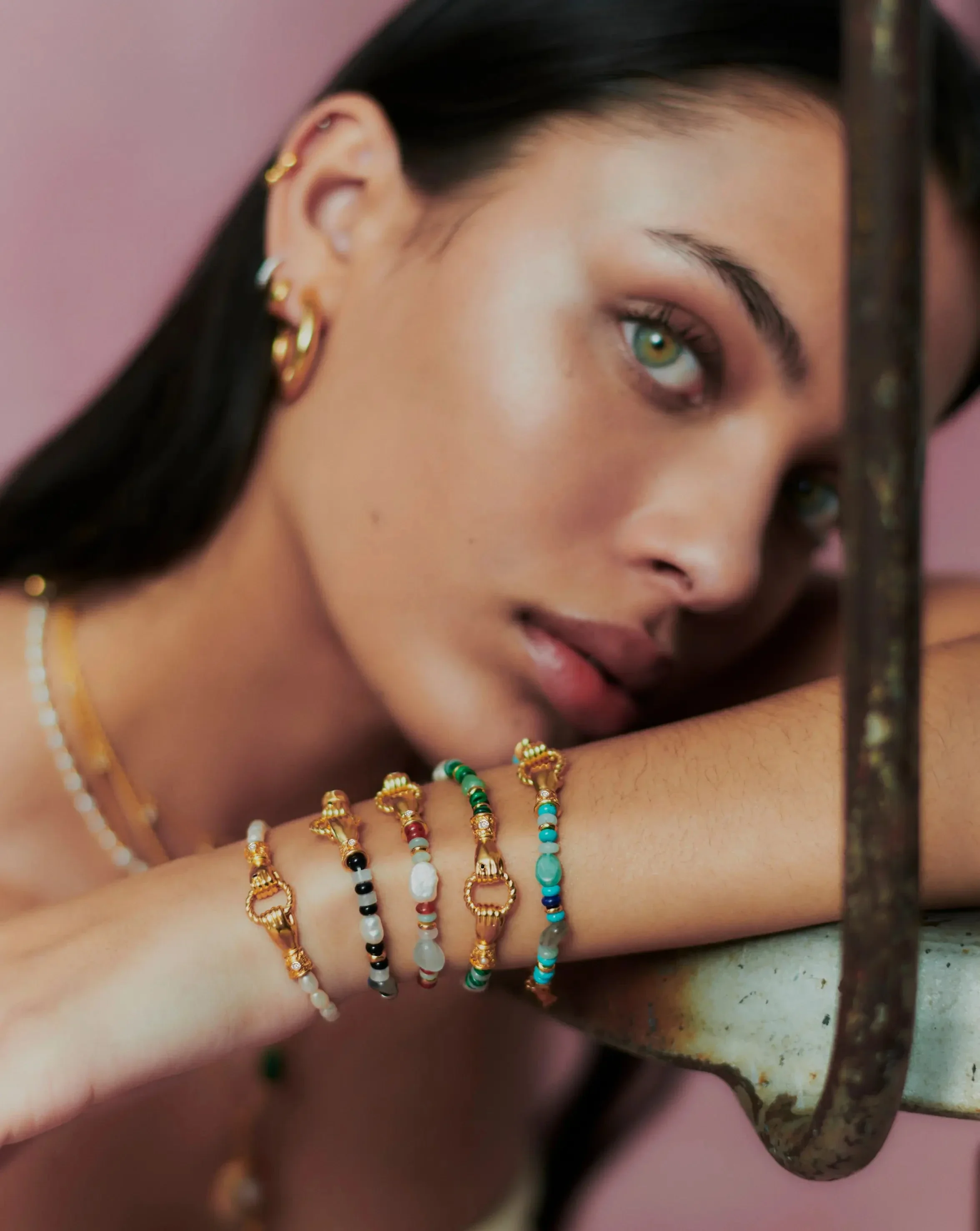 Harris Reed In Good Hands Beaded Gemstone Bracelet | 18ct Gold Plated/Multi Green Gemstone & Pearl - Image 7