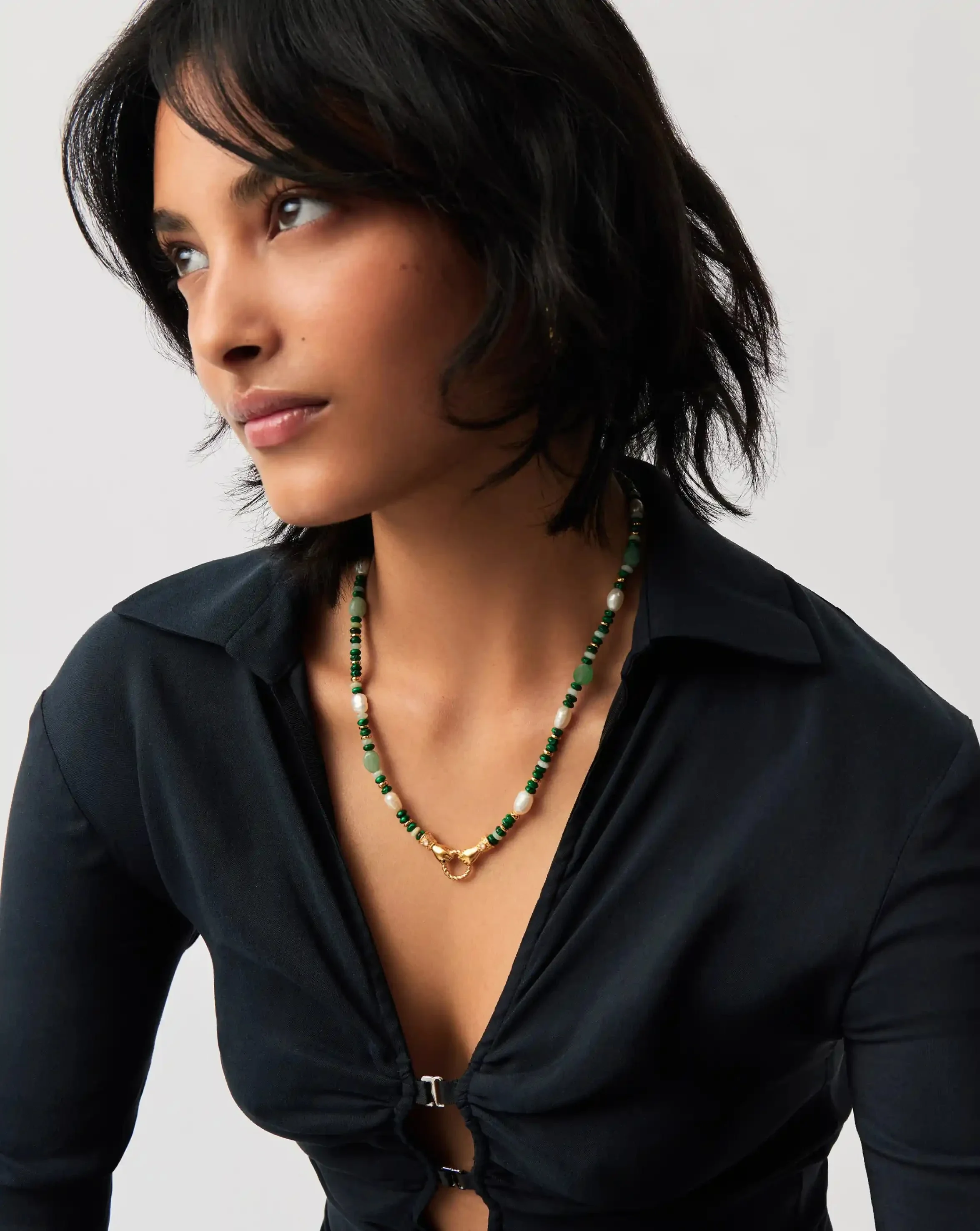 Harris Reed In Good Hands Beaded Gemstone Necklace | 18ct Gold Plated/Multi Green Gemstone & Pearl - Image 3