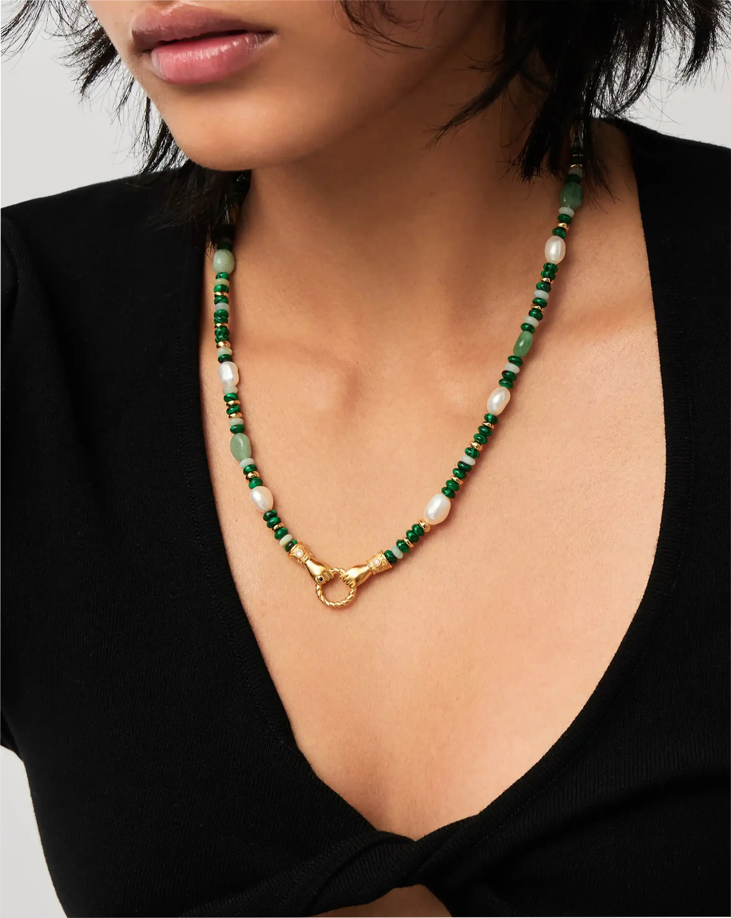 Harris Reed In Good Hands Beaded Gemstone Necklace | 18ct Gold Plated/Multi Green Gemstone & Pearl - Image 6