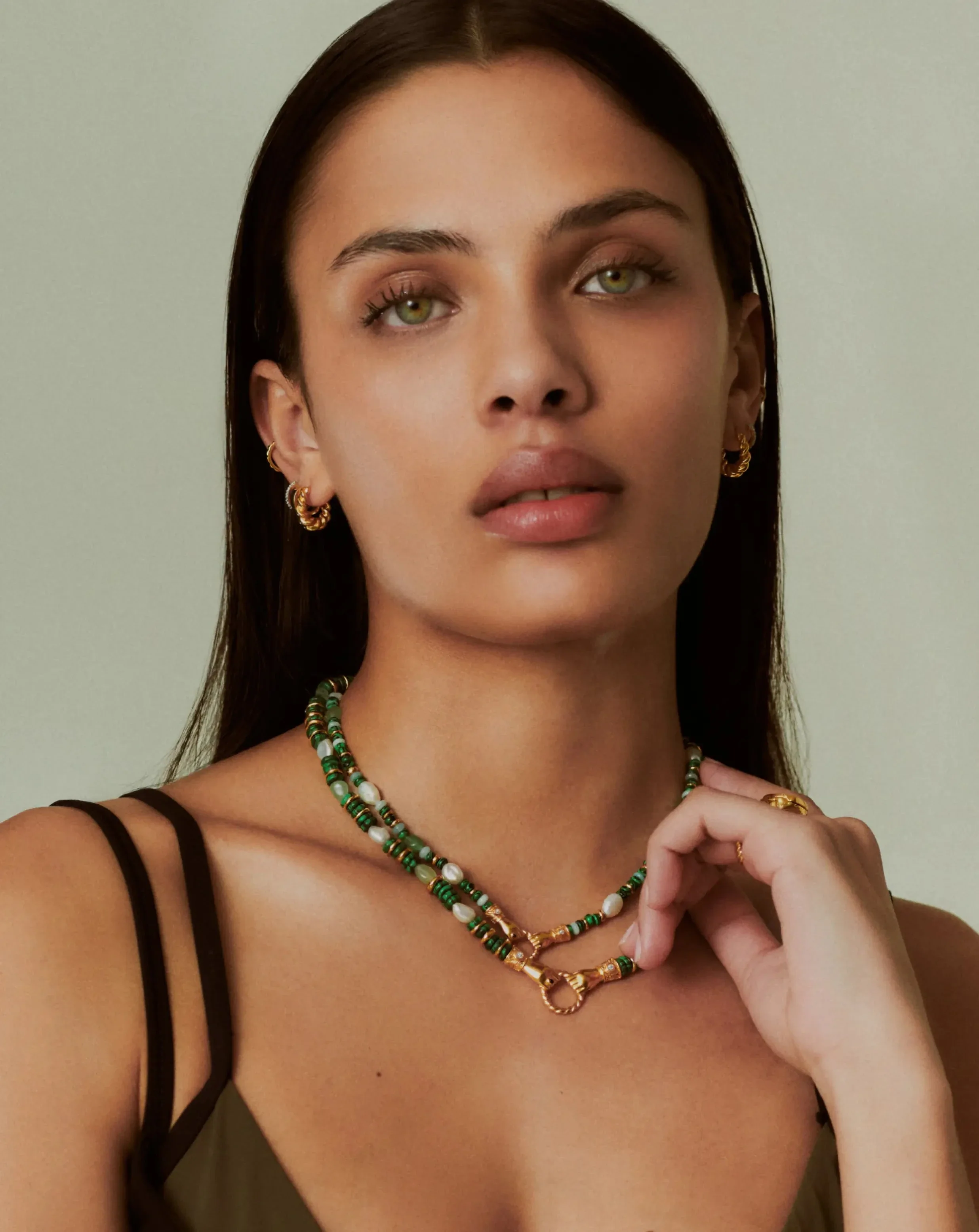 Harris Reed In Good Hands Chunky Beaded Gemstone Necklace | 18ct Gold Plated/Multi Green Gemstone & Pearl - Image 3