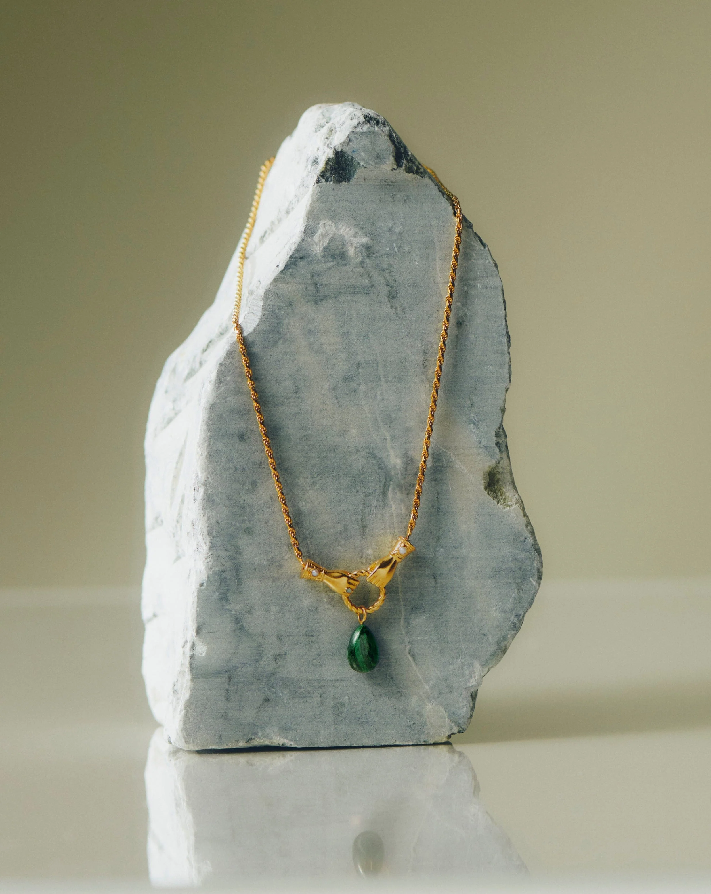 Harris Reed In Good Hands Drop Pendant Necklace | 18ct Gold Plated/Malachite & Pearl - Image 4