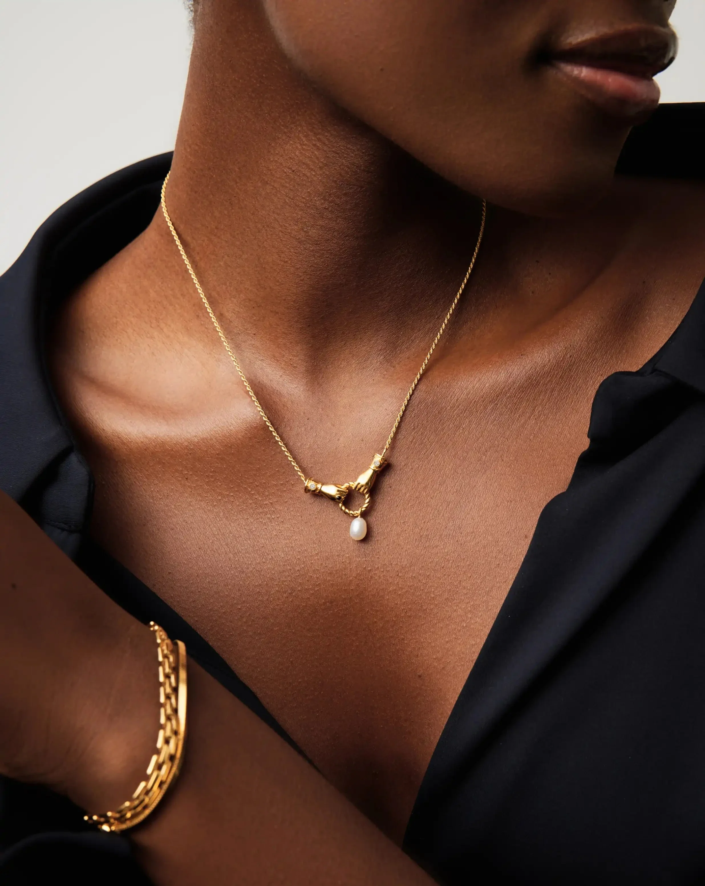 Harris Reed In Good Hands Drop Pendant Necklace | 18ct Gold Plated/Pearl & Black Onyx - Image 3
