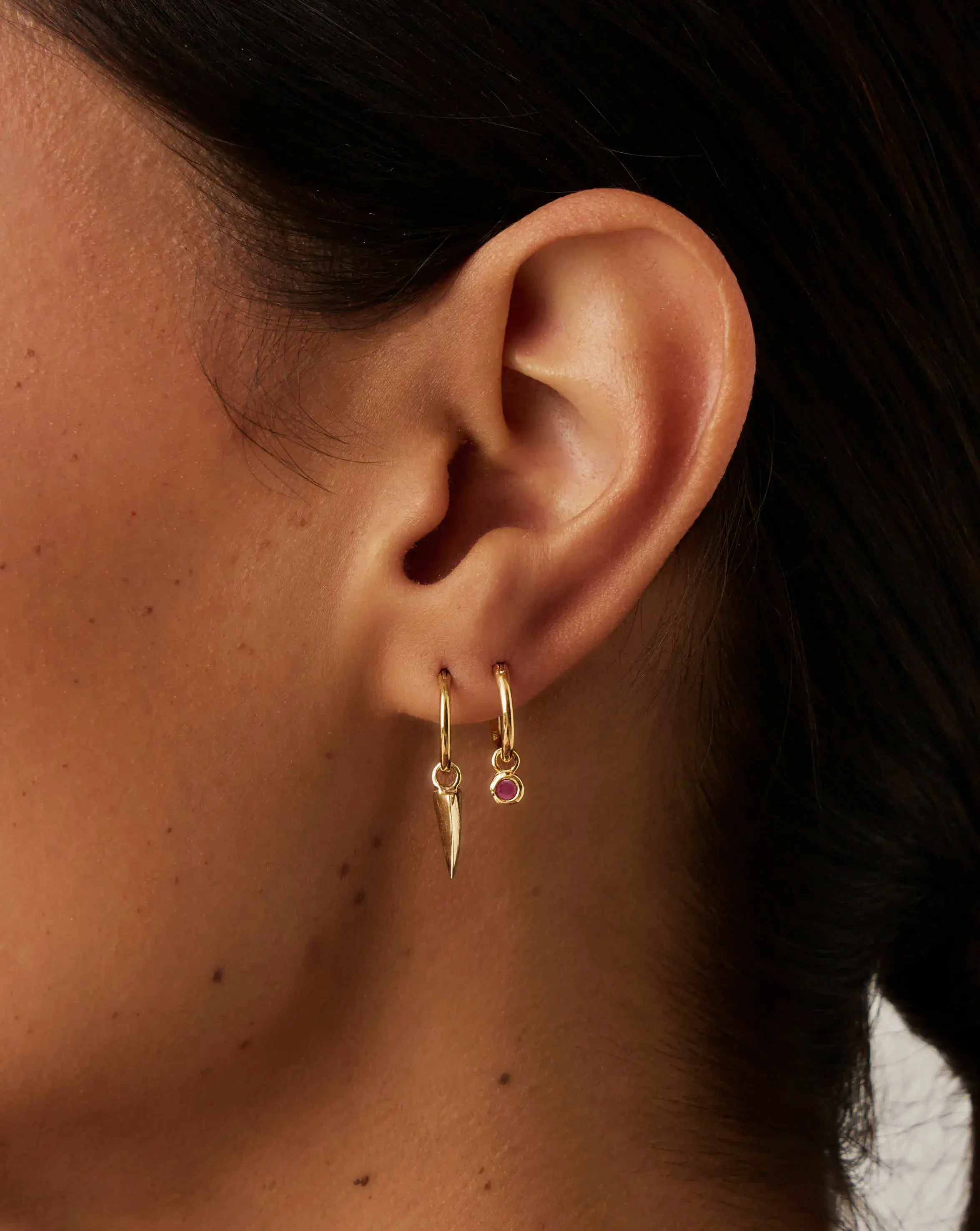 July Birthstone Mini Charm Hoop Earrings | 18ct Gold Vermeil/Glass Filled Ruby - Image 2