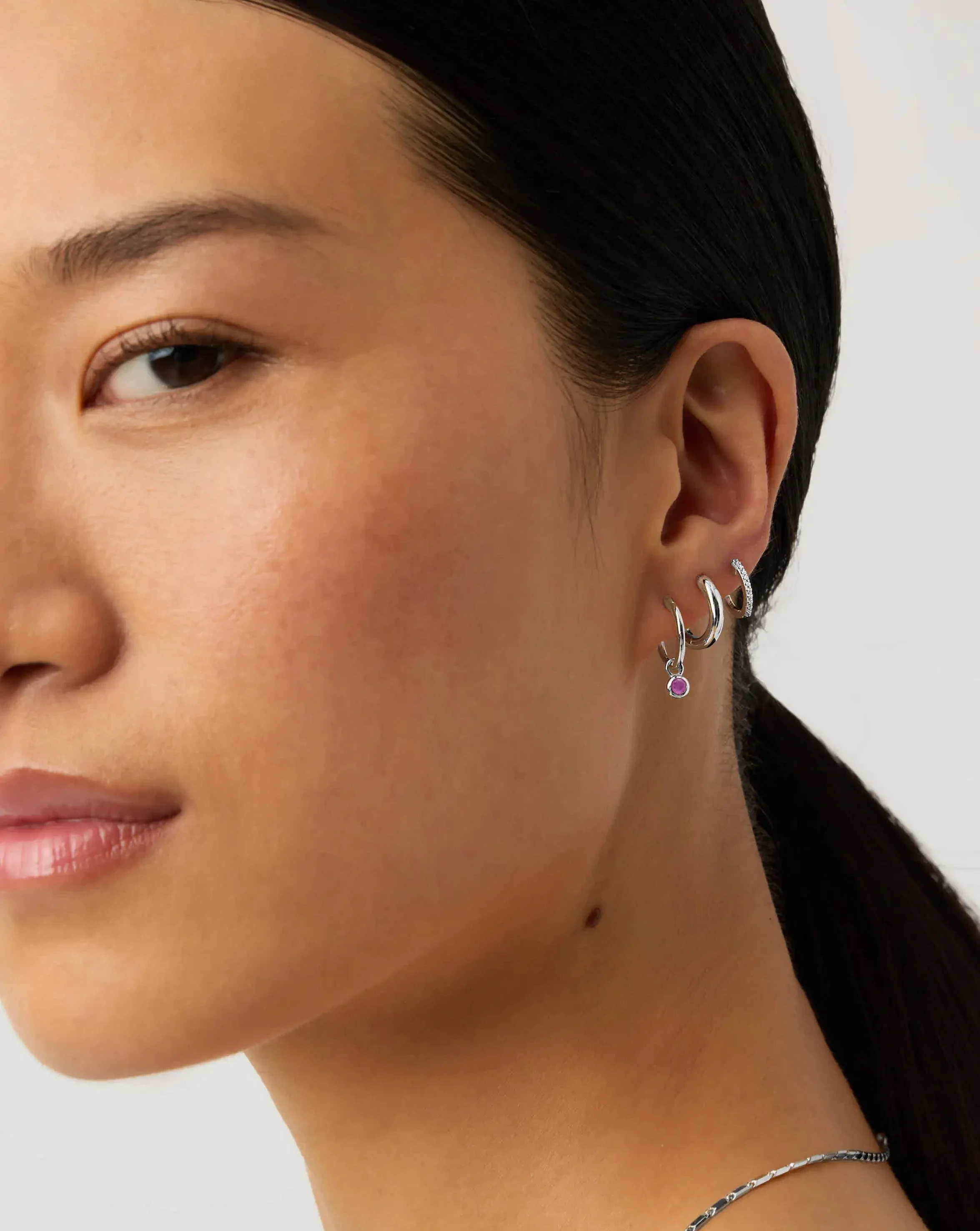 July Birthstone Mini Charm Hoop Earrings | Sterling Silver/Glass Filled Ruby - Image 3