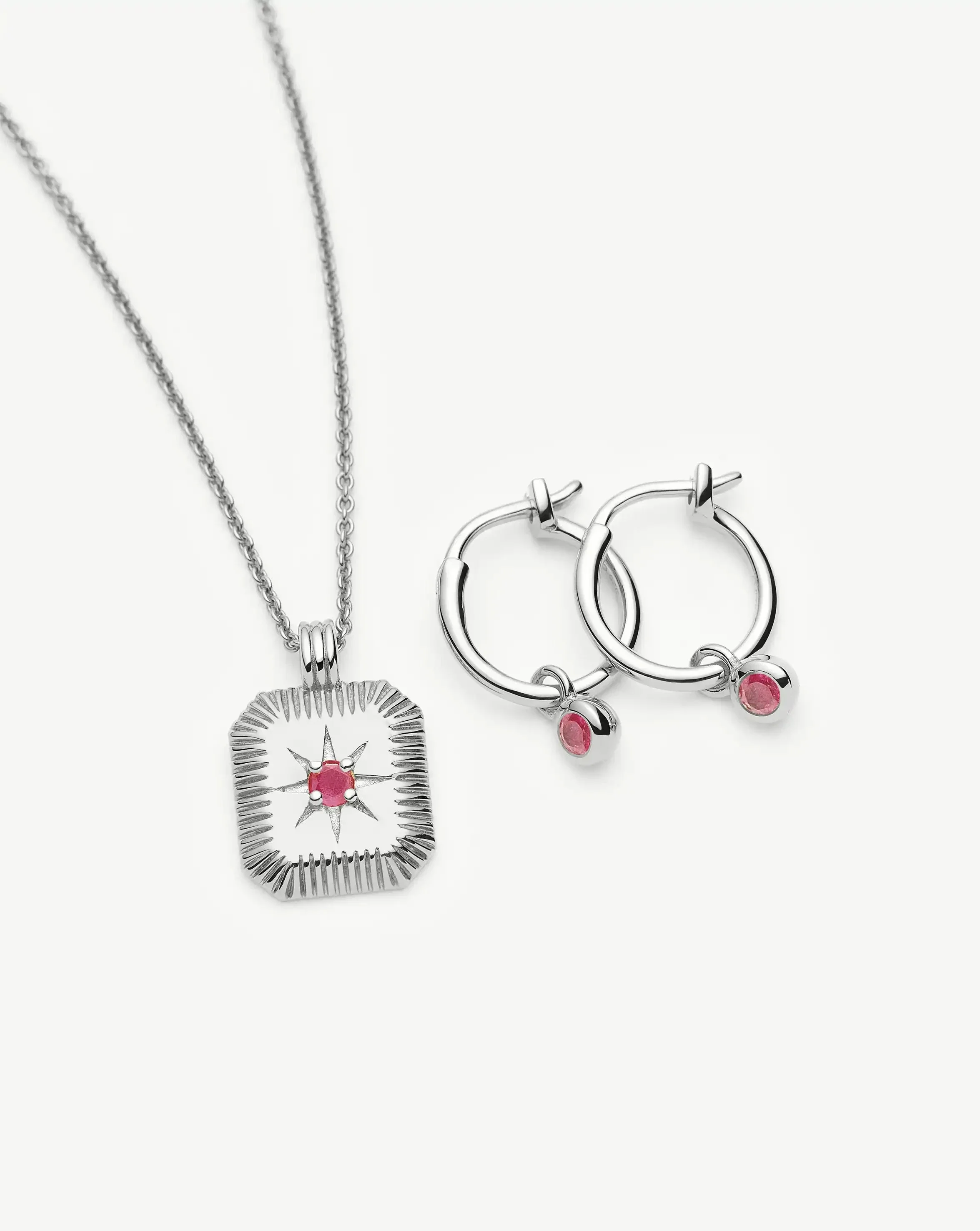 July Birthstone Necklace & Charm Earrings Set | Sterling Silver/Glass Filled Ruby - Image 4