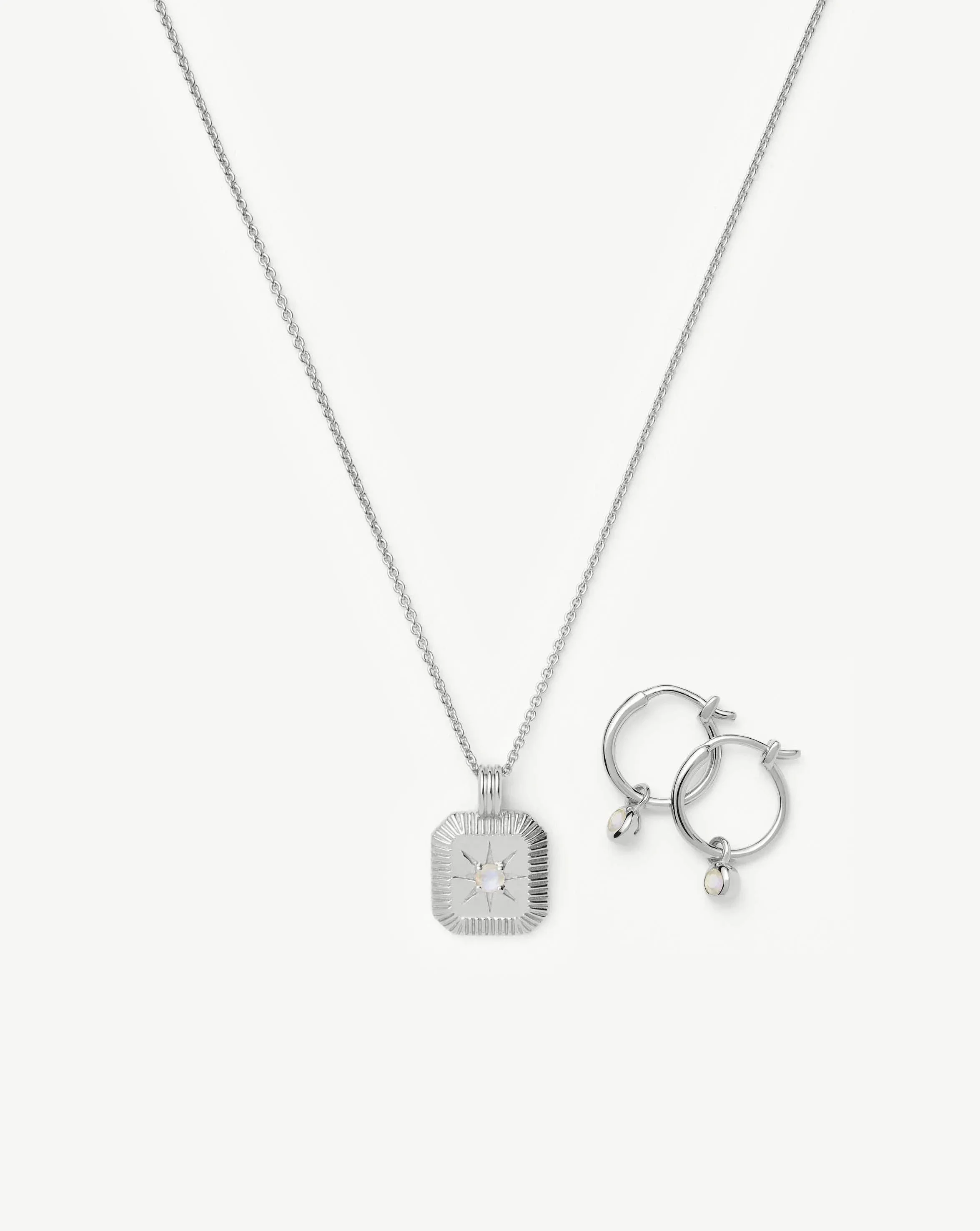 June Birthstone Necklace & Charm Earrings Set | Sterling Silver/Rainbow Moonstone