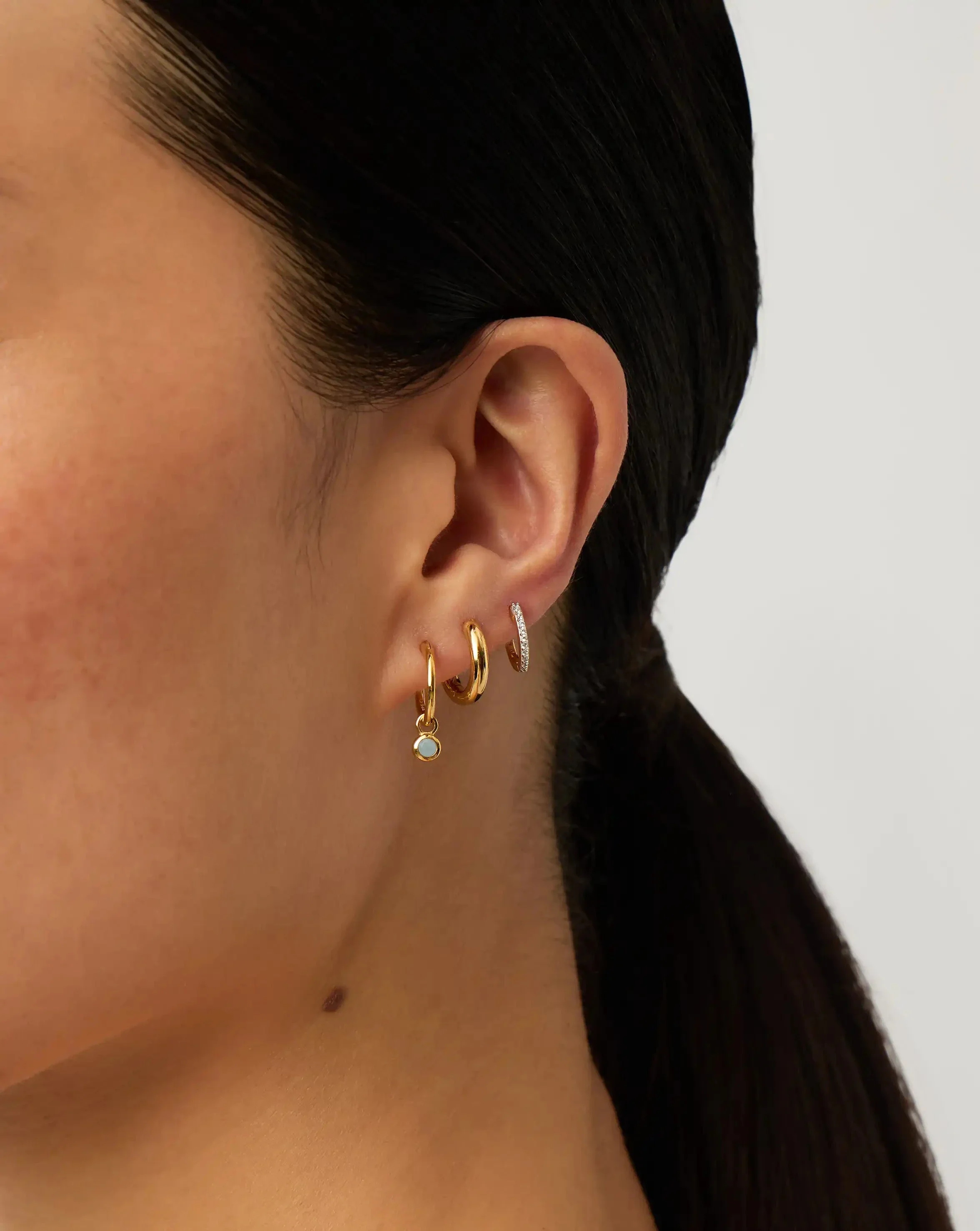 March Birthstone Mini Charm Hoop Earrings | 18ct Gold Vermeil/Milky Aquamarine - Image 2