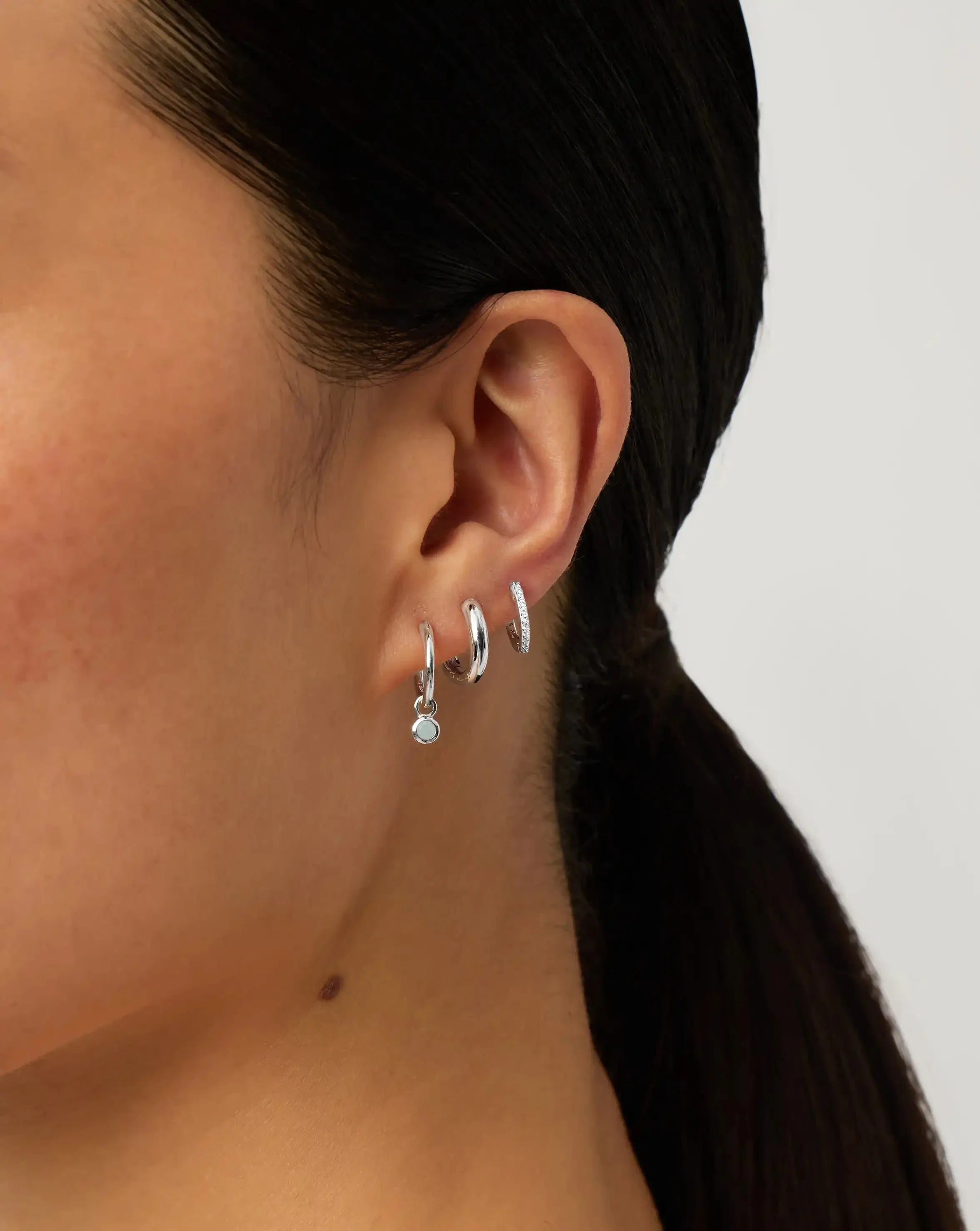 March Birthstone Mini Charm Hoop Earrings | Sterling Silver/Milky Aquamarine - Image 2