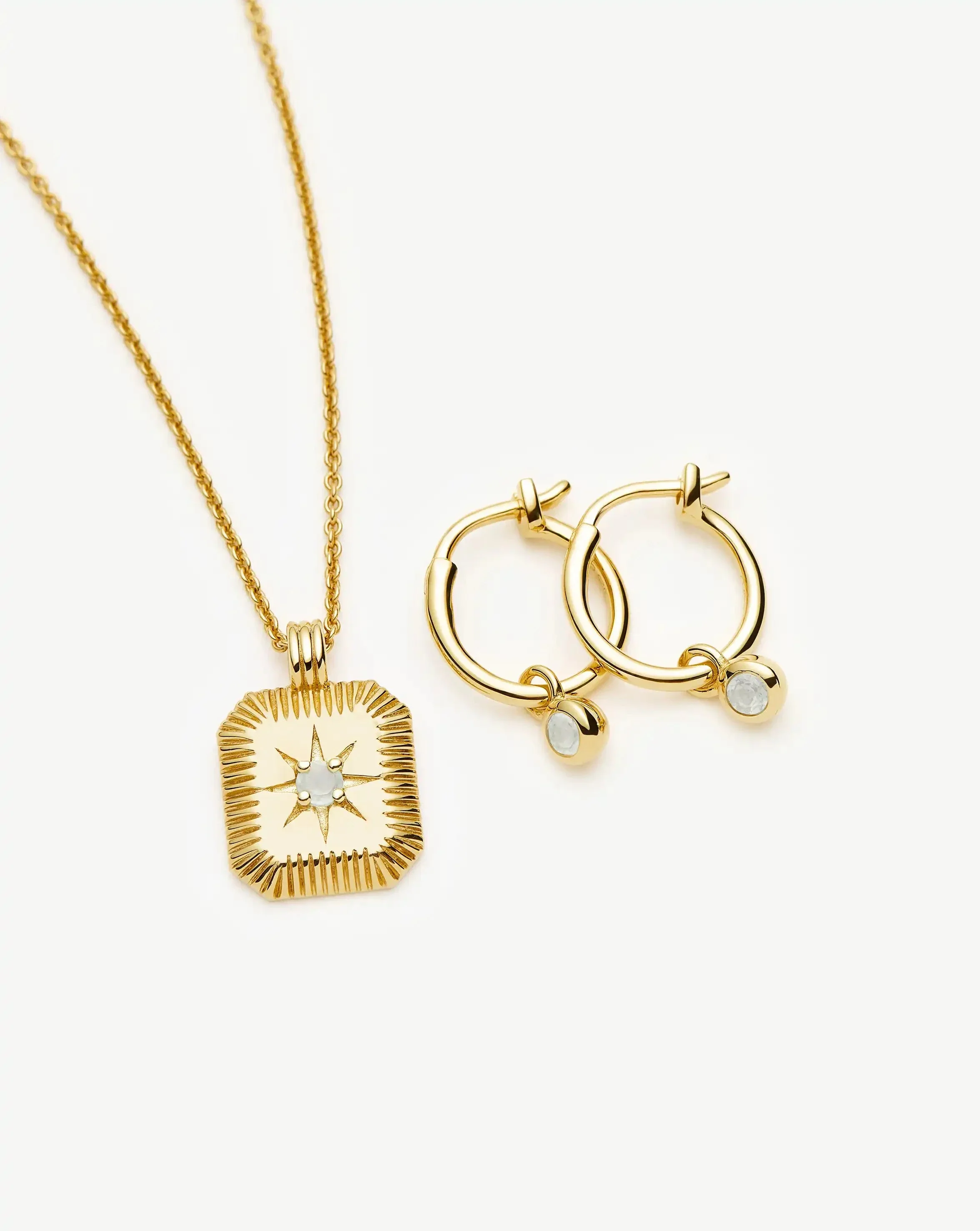 March Birthstone Necklace & Charm Earrings Set | 18ct Gold Vermeil/Milky Aquamarine - Image 4
