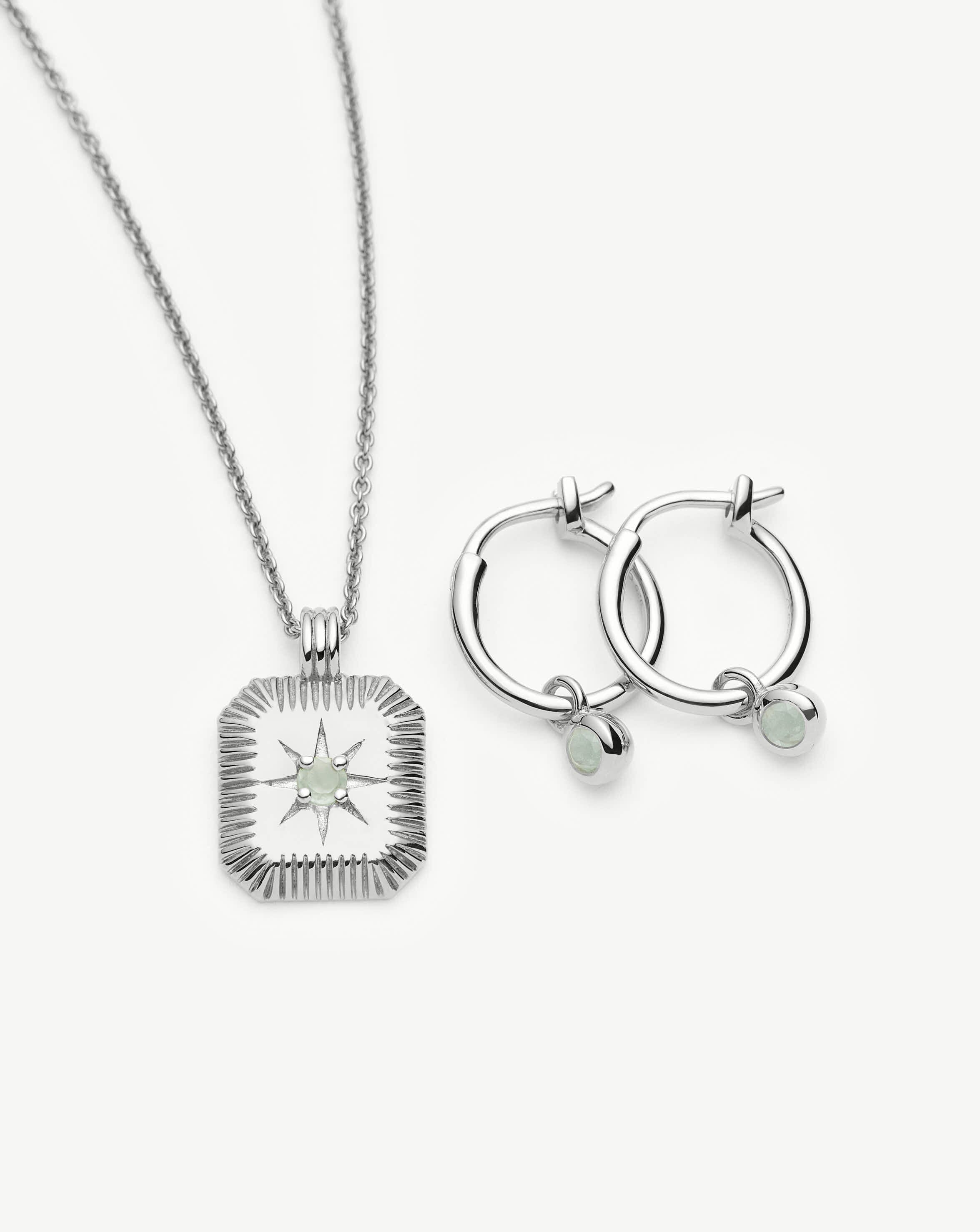 March Birthstone Necklace & Charm Earrings Set | Sterling Silver/Milky Aquamarine - Image 4