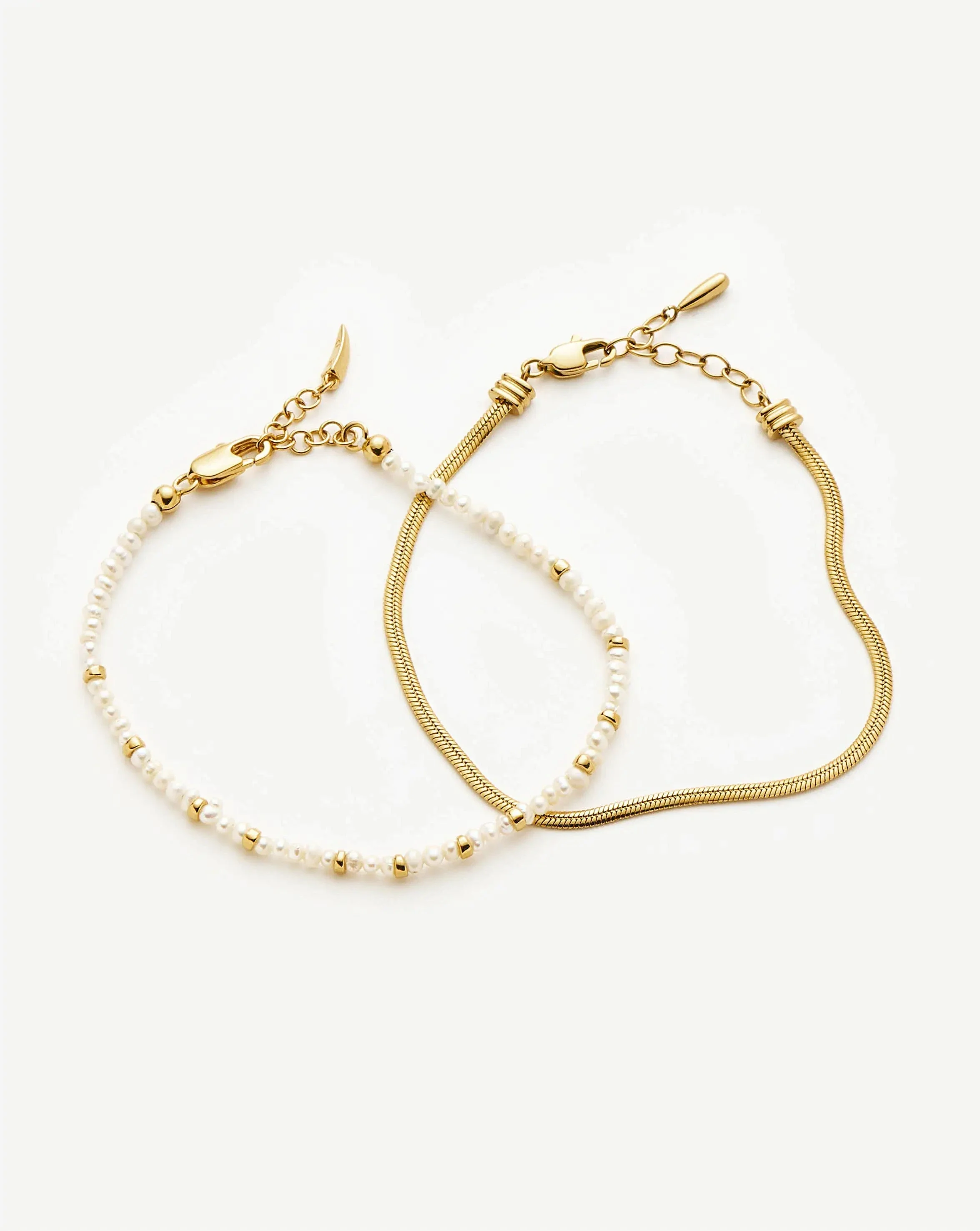 Micro Pearl Beaded & Thin Snake Chain Bracelet Set | 18ct Gold Plated/Pearl - Image 5
