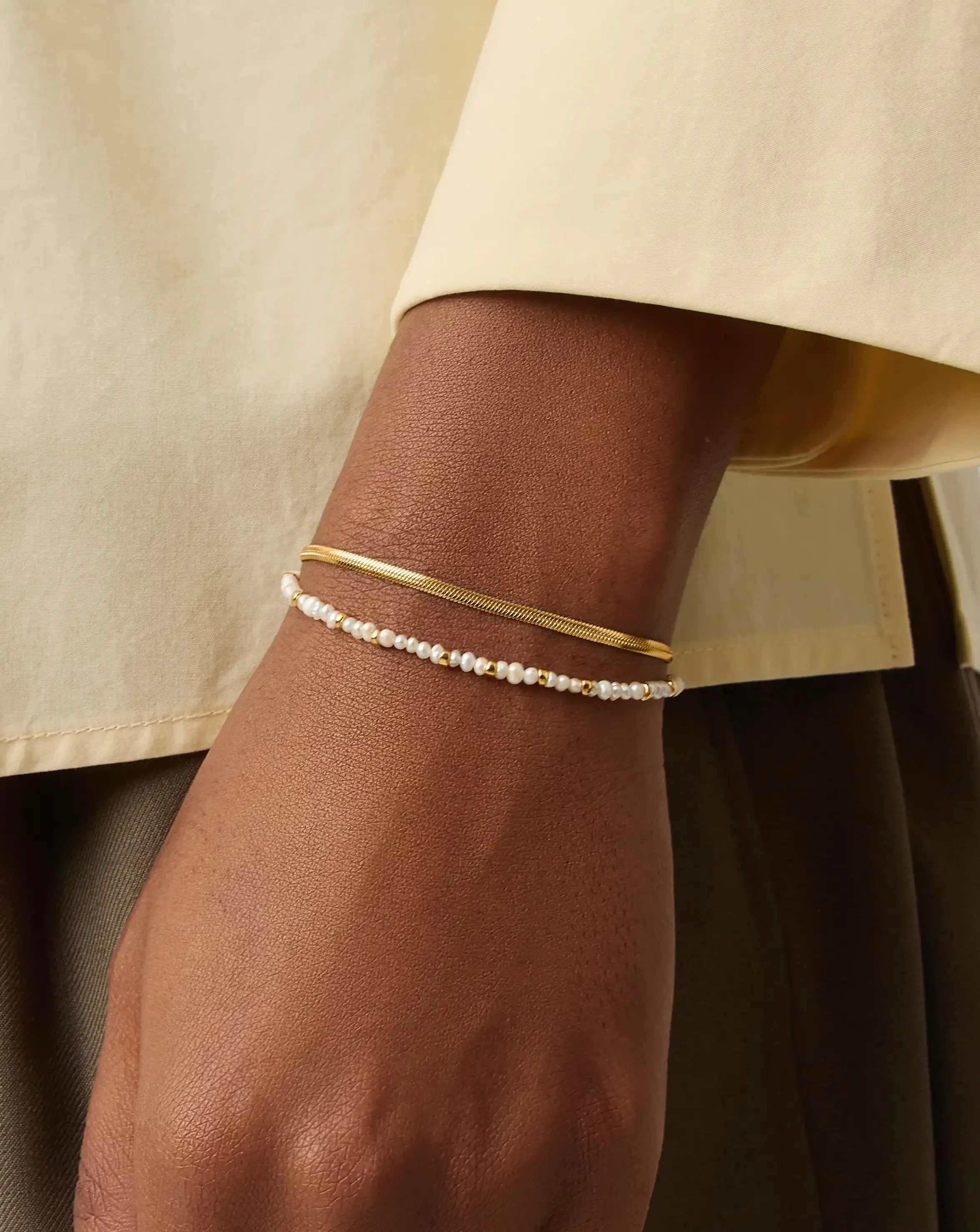 Micro Pearl Beaded & Thin Snake Chain Bracelet Set | 18ct Gold Plated/Pearl - Image 6