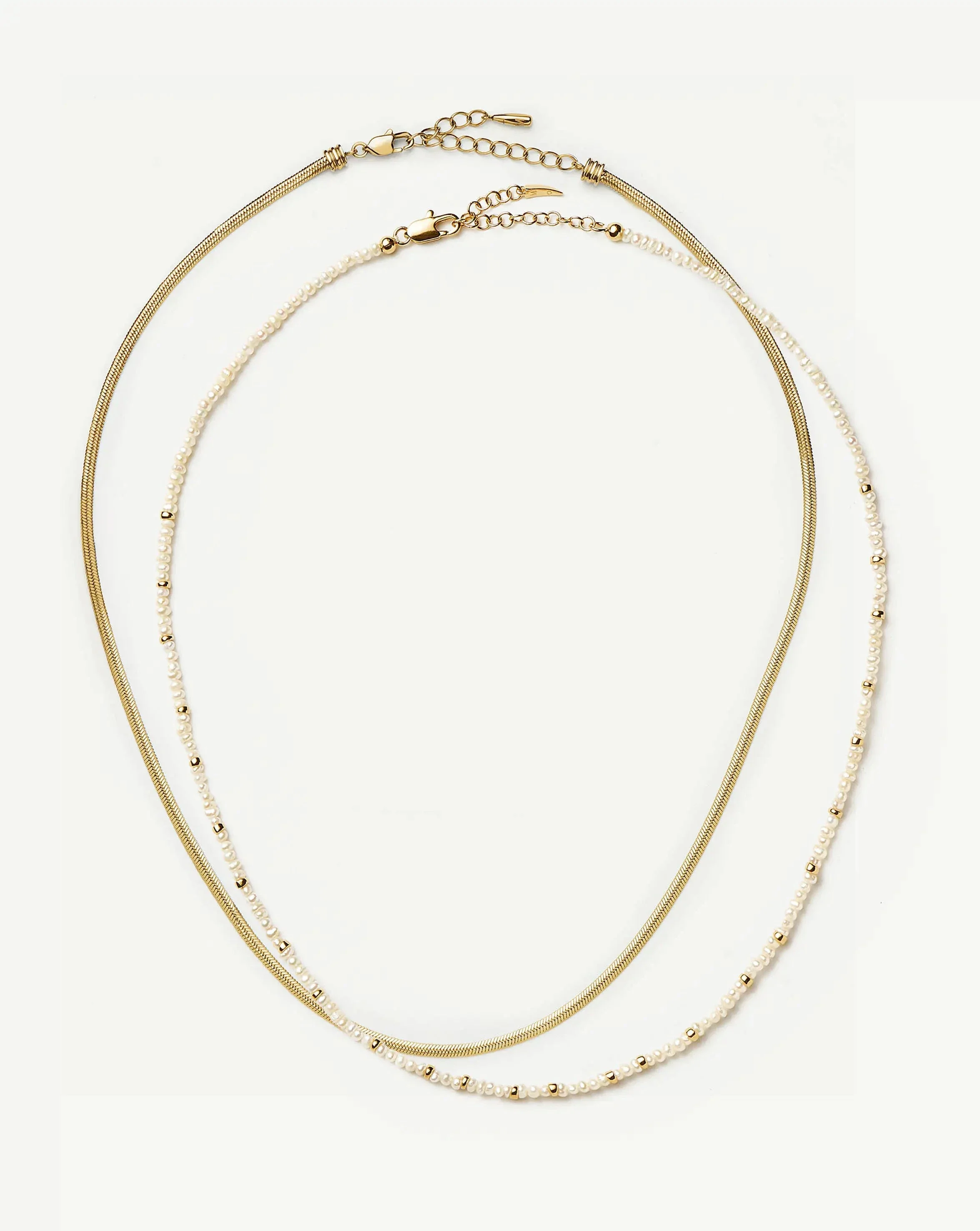 Micro Pearl Beaded & Thin Snake Chain Necklace Set | 18ct Gold Plated/Pearl