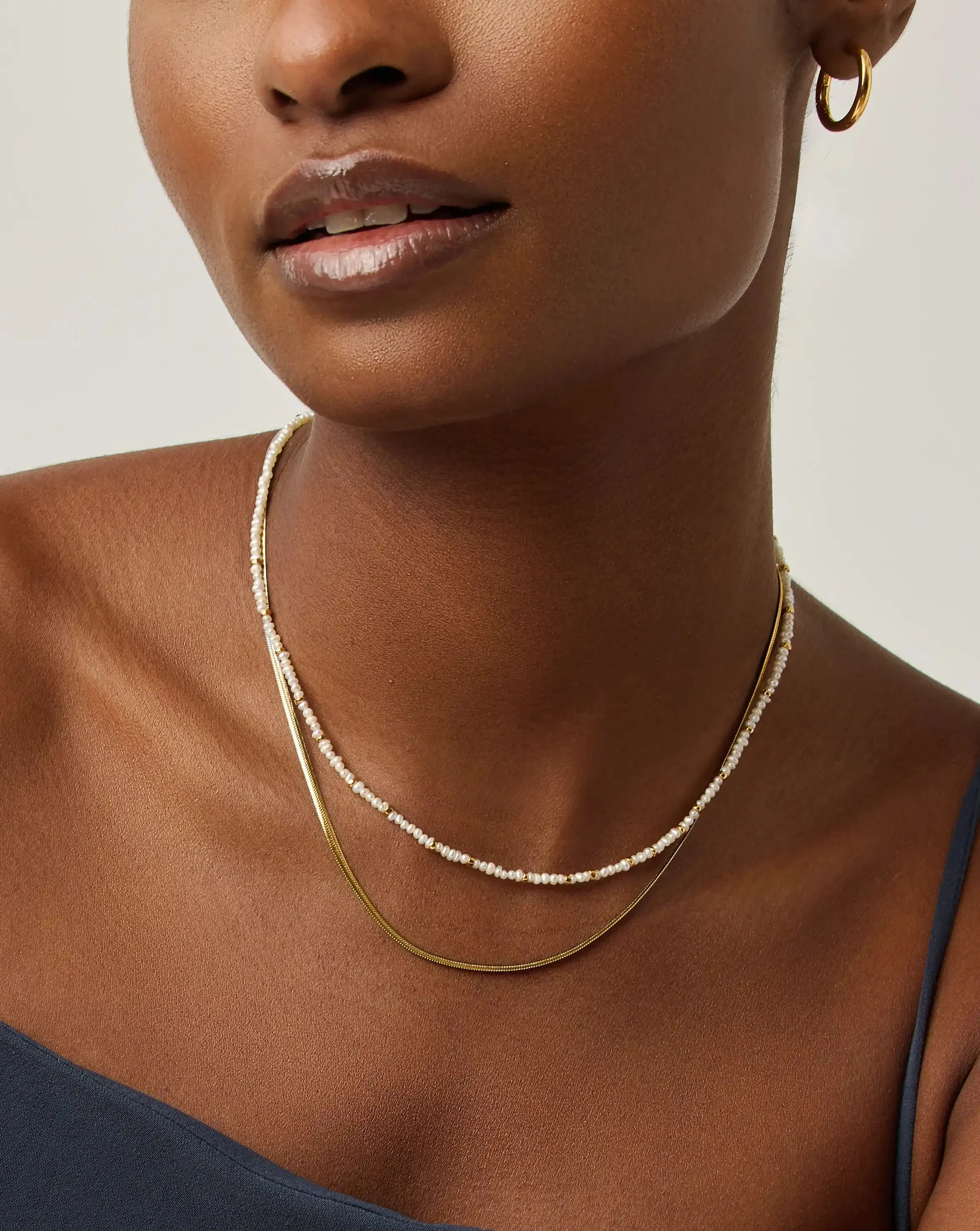Micro Pearl Beaded & Thin Snake Chain Necklace Set | 18ct Gold Plated/Pearl - Image 2