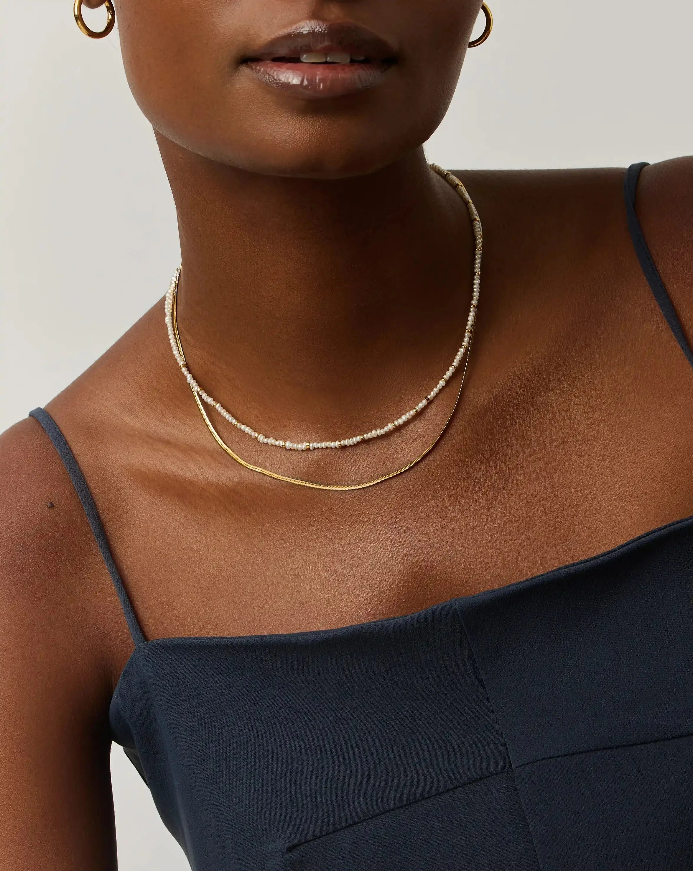 Micro Pearl Beaded & Thin Snake Chain Necklace Set | 18ct Gold Plated/Pearl - Image 3
