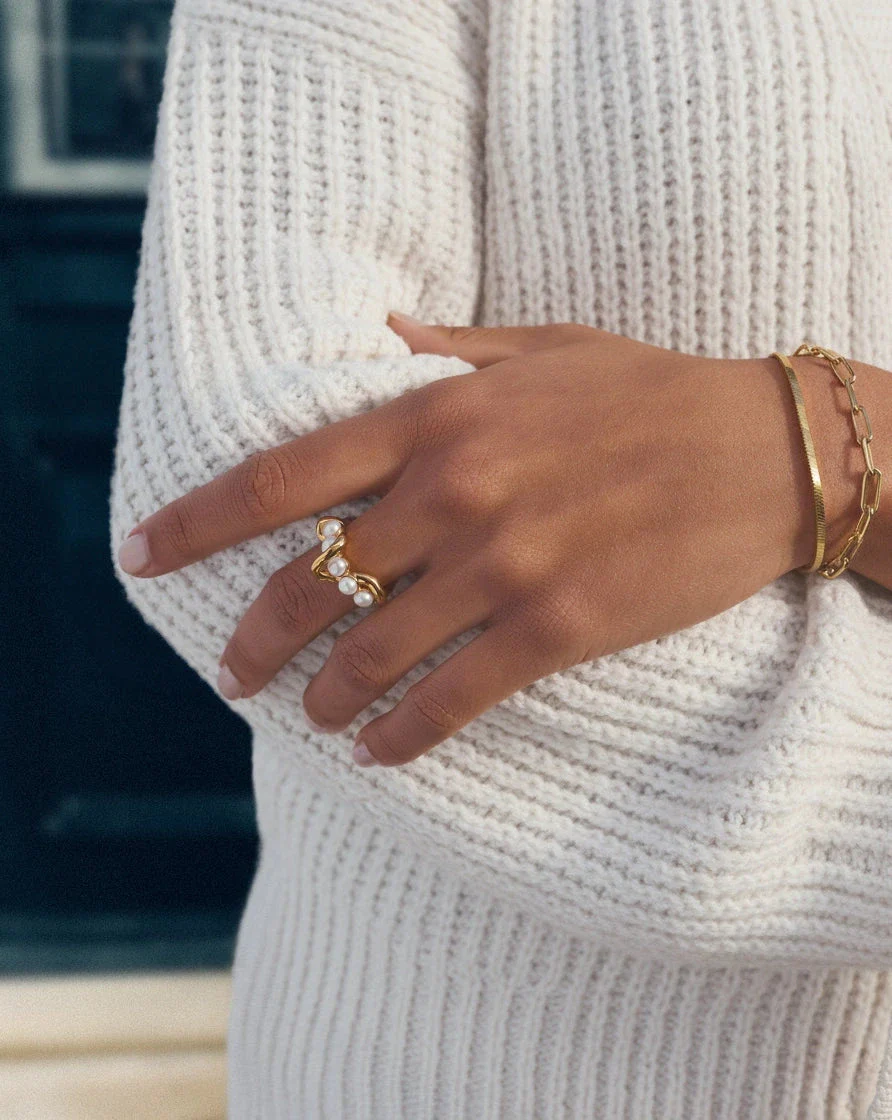 Molten Pearl Twisted Stacking Ring | 18ct Gold Vermeil/Pearl - Image 2