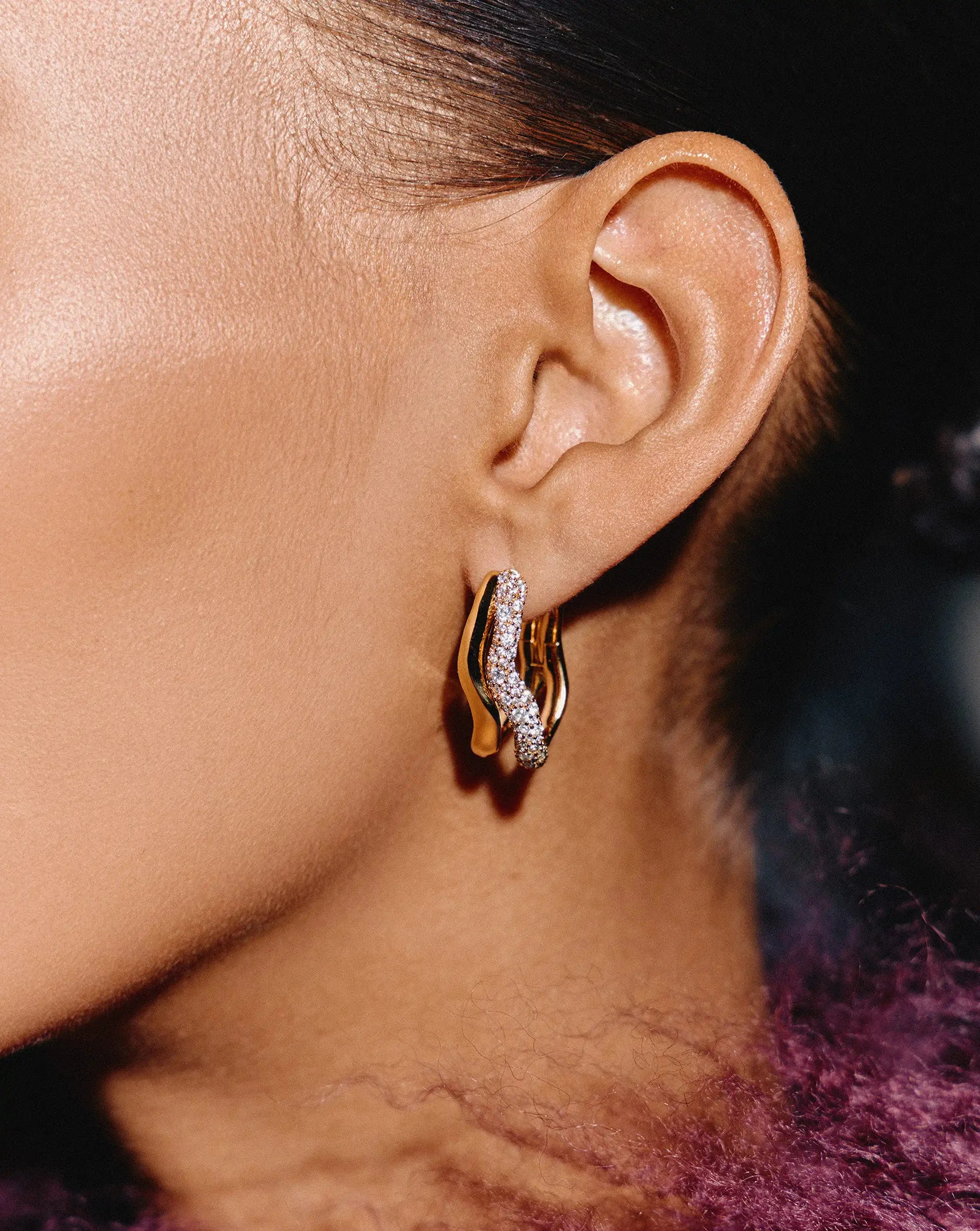Molten Snow Double Medium Hoop Earrings | 18ct Gold Plated/Cubic Zirconia - Image 2