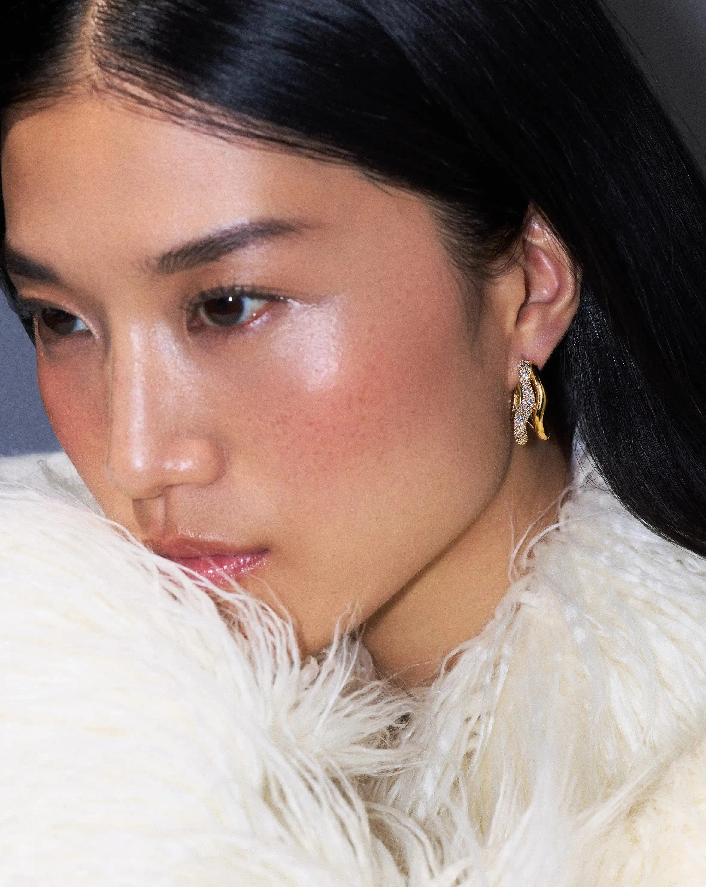 Molten Snow Double Medium Hoop Earrings | 18ct Gold Plated/Cubic Zirconia - Image 5