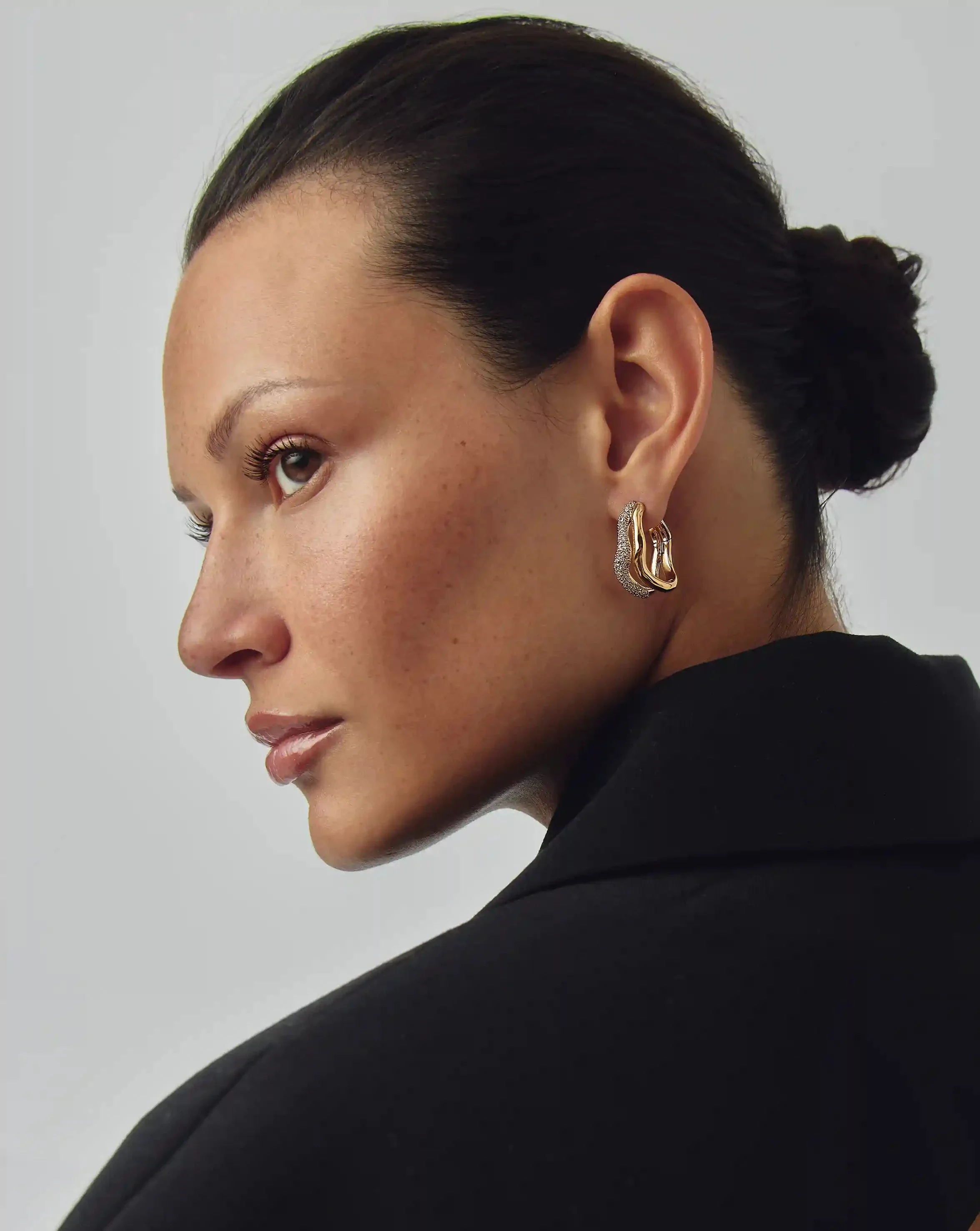 Molten Snow Double Medium Hoop Earrings | 18ct Gold Plated/Cubic Zirconia - Image 6