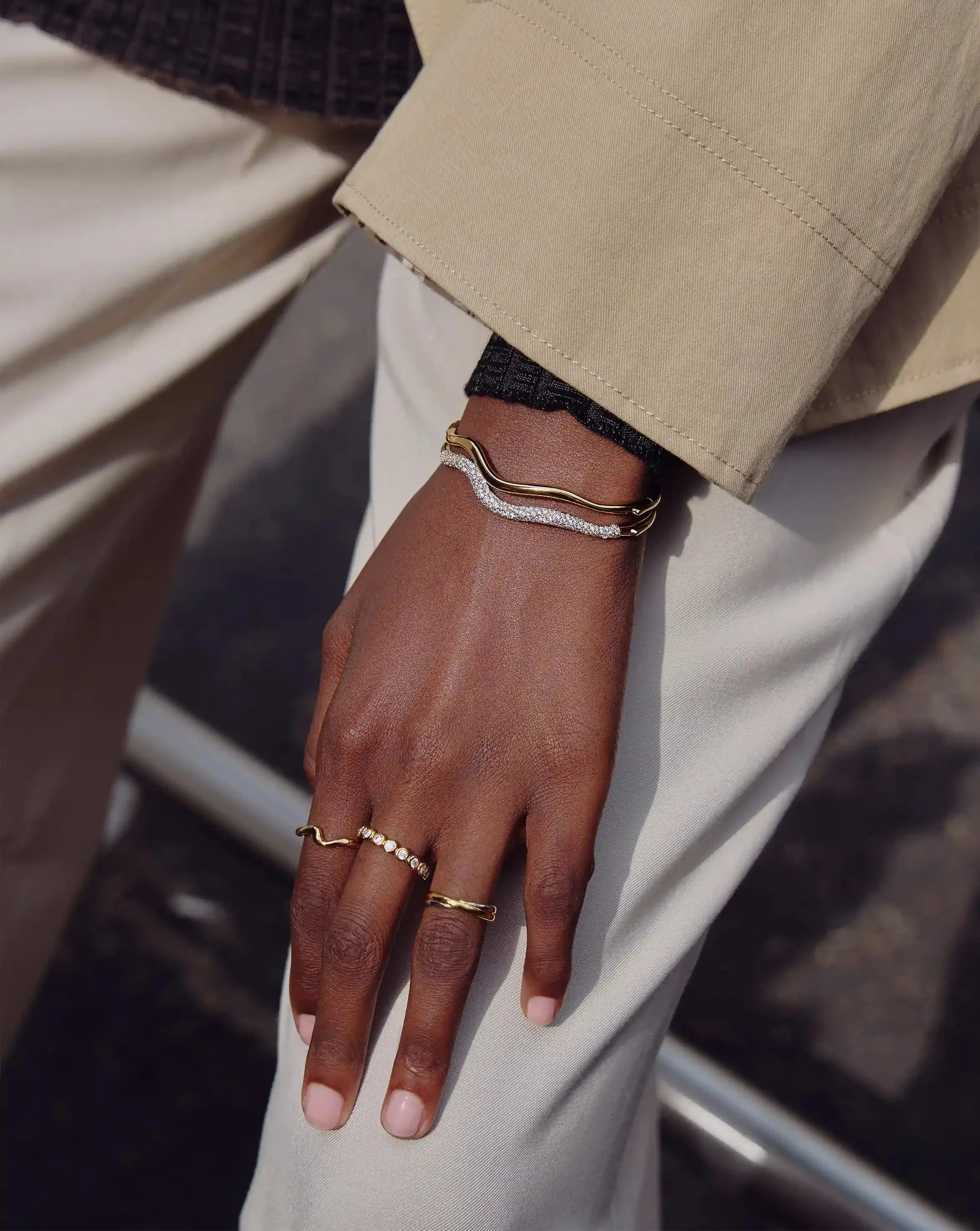 Molten Snow Ripple Hinged Bangle | 18ct Gold Plated/Cubic Zirconia - Image 6