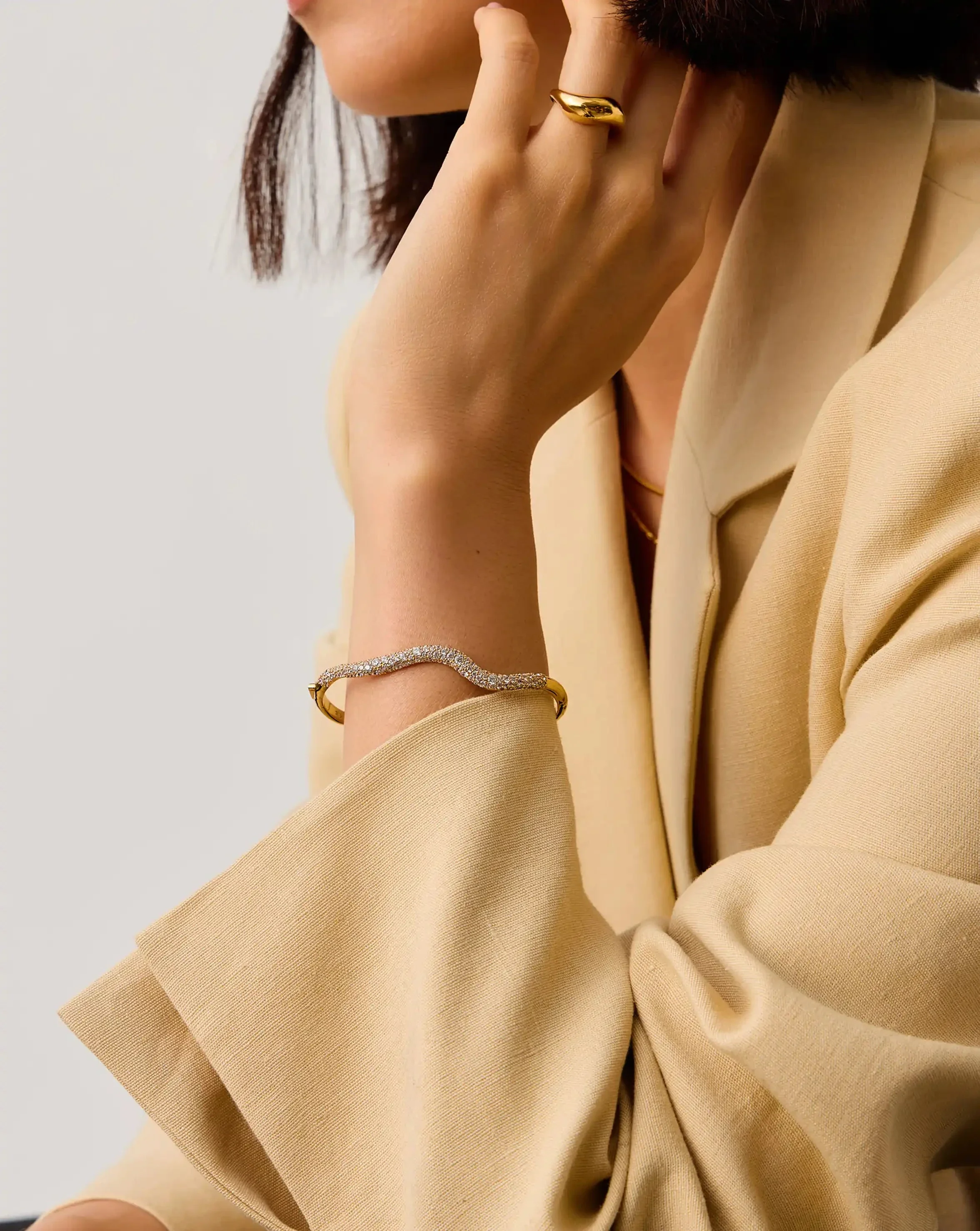 Molten Snow Ripple Hinged Bangle | 18ct Gold Plated/Cubic Zirconia - Image 7