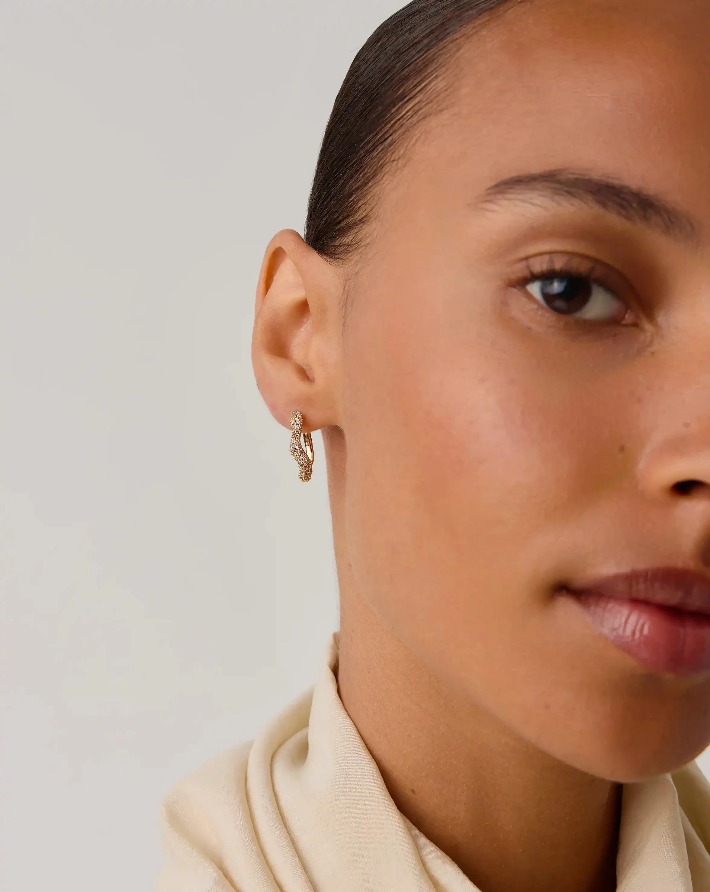 Molten Snow Small Hoop Earrings | 18ct Gold Vermeil/Cubic Zirconia - Image 2