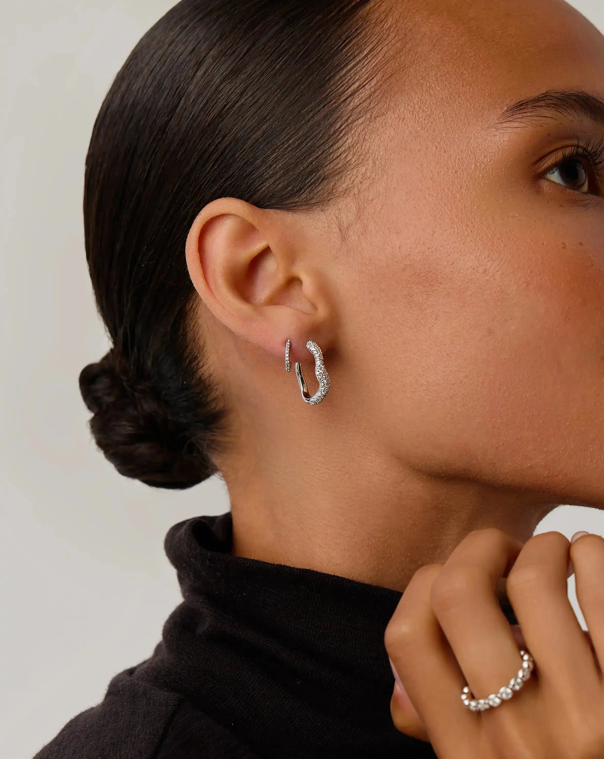 Molten Snow Small Hoop Earrings | Sterling Silver/Cubic Zirconia - Image 2