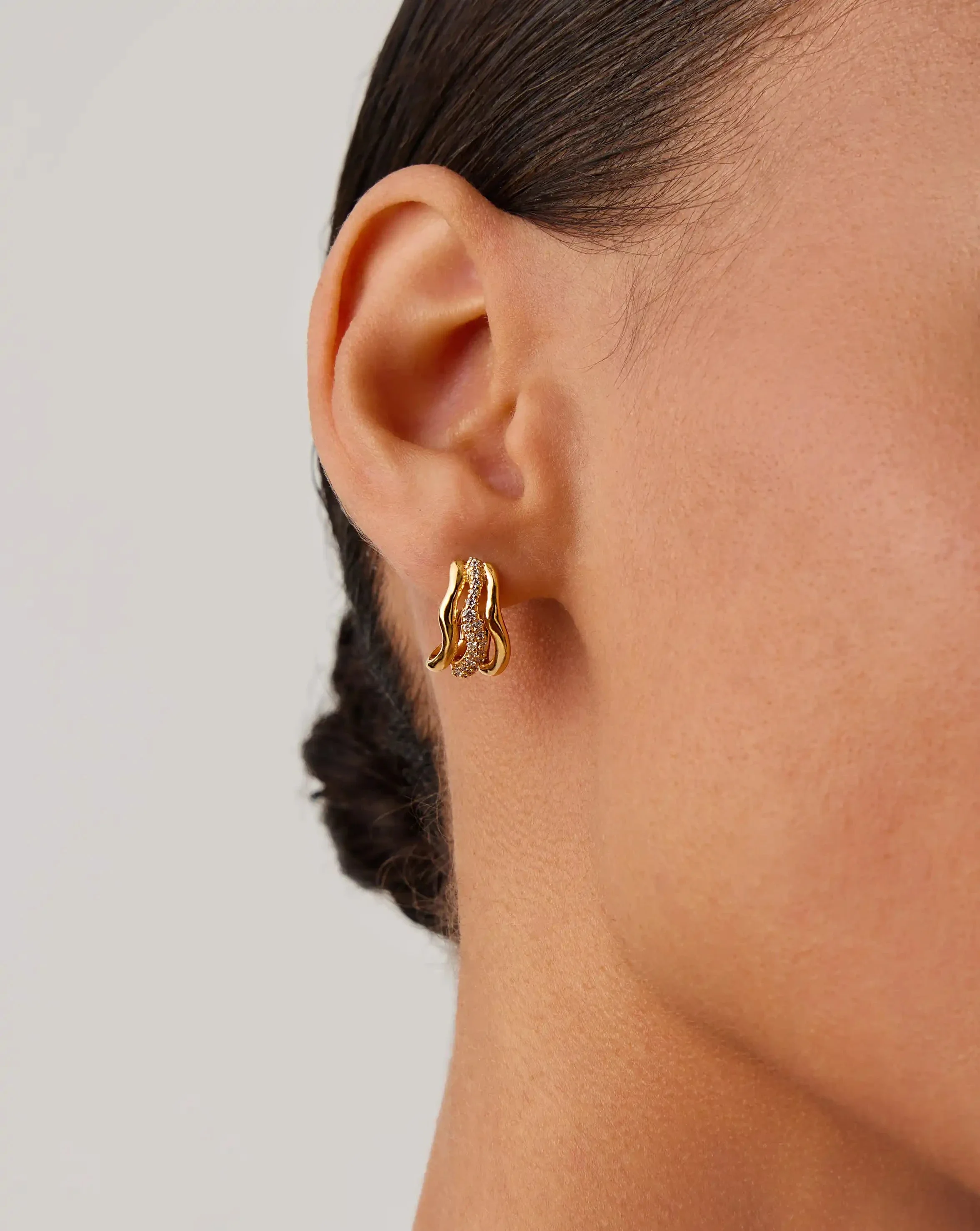 Molten Snow Triple Small Hoop Earrings | 18ct Gold Plated/Cubic Zirconia - Image 2