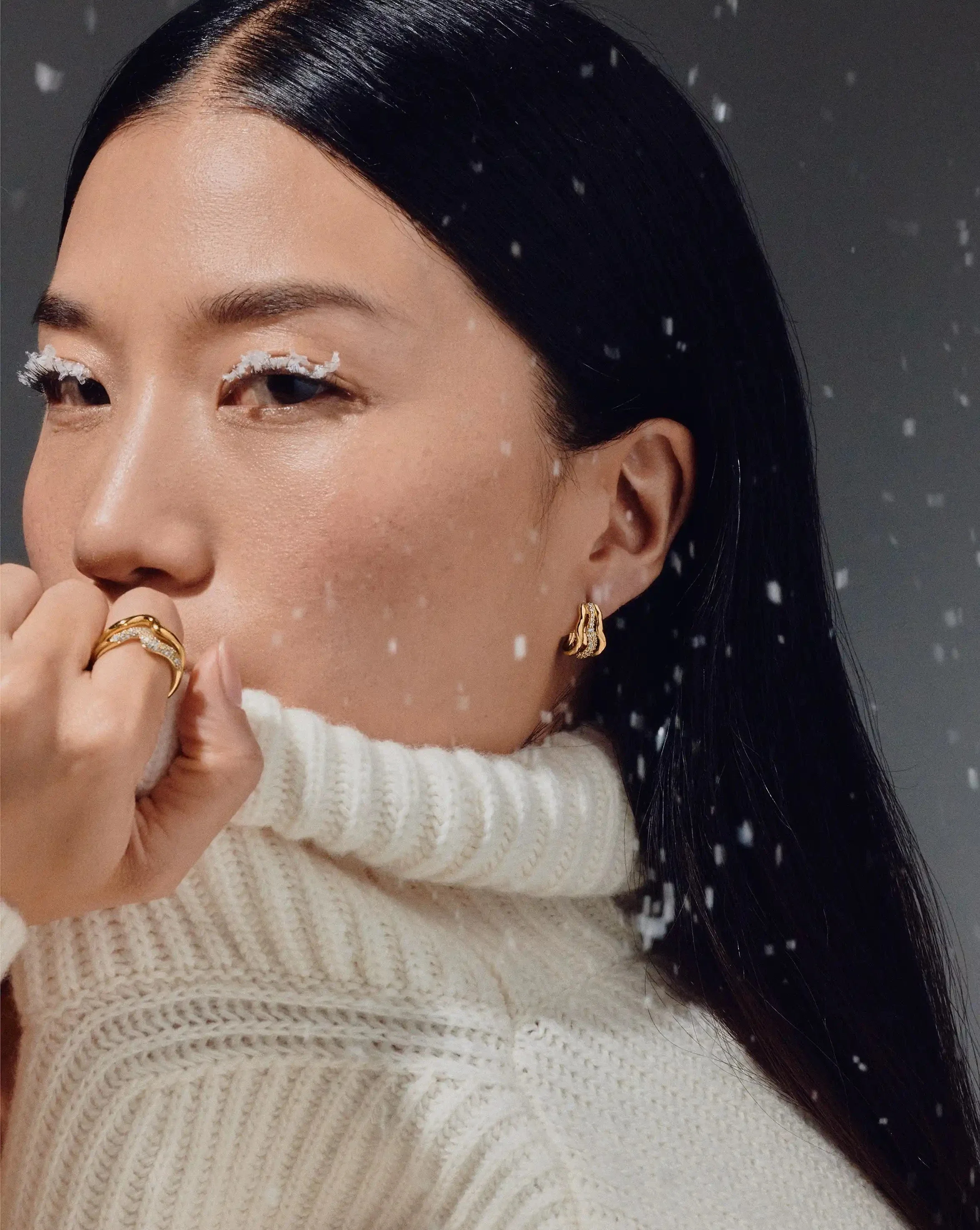 Molten Snow Triple Small Hoop Earrings | 18ct Gold Plated/Cubic Zirconia - Image 3