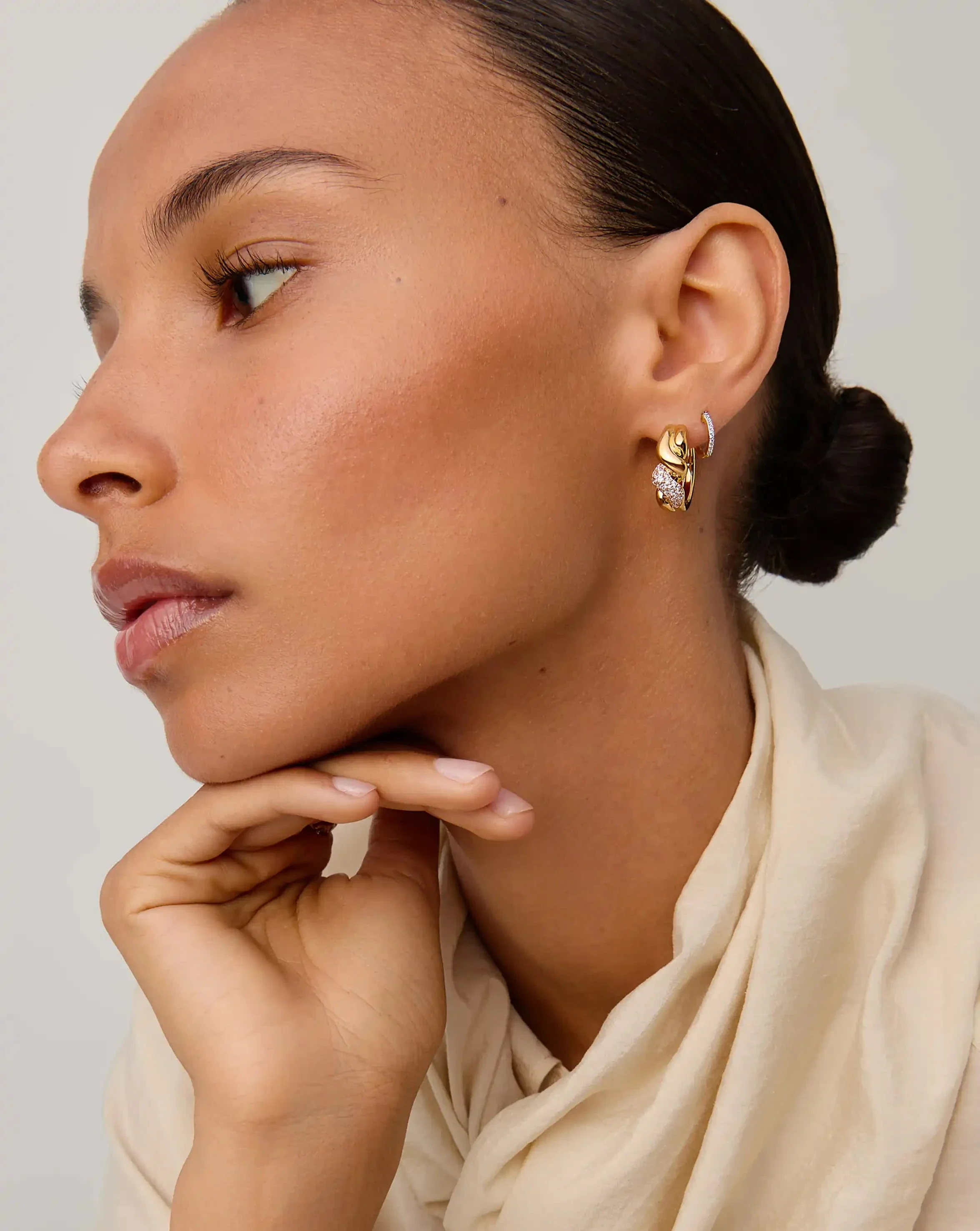 Molten Snow Twisted Small Hoop Earrings | 18ct Gold Plated/Cubic Zirconia - Image 2