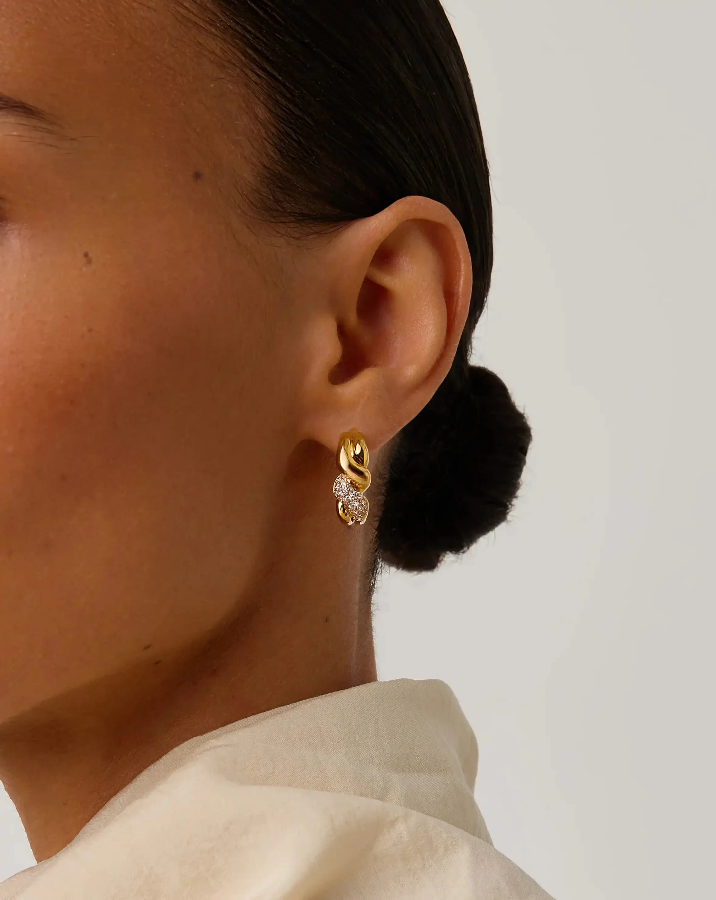 Molten Snow Twisted Small Hoop Earrings | 18ct Gold Plated/Cubic Zirconia - Image 3