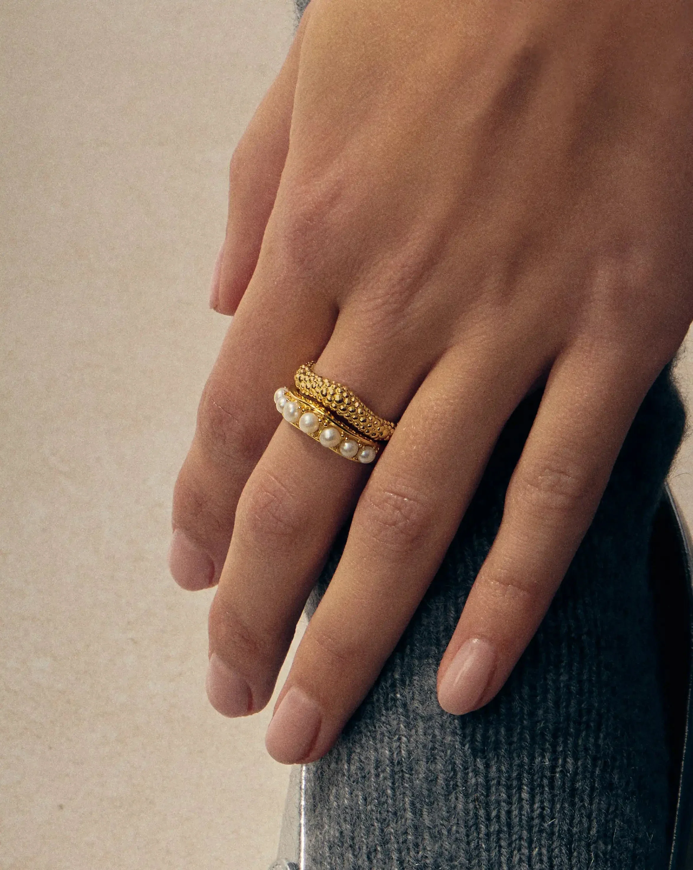 Pearl Baya Stacking Ring Set | 18ct Gold Plated/Pearl - Image 2