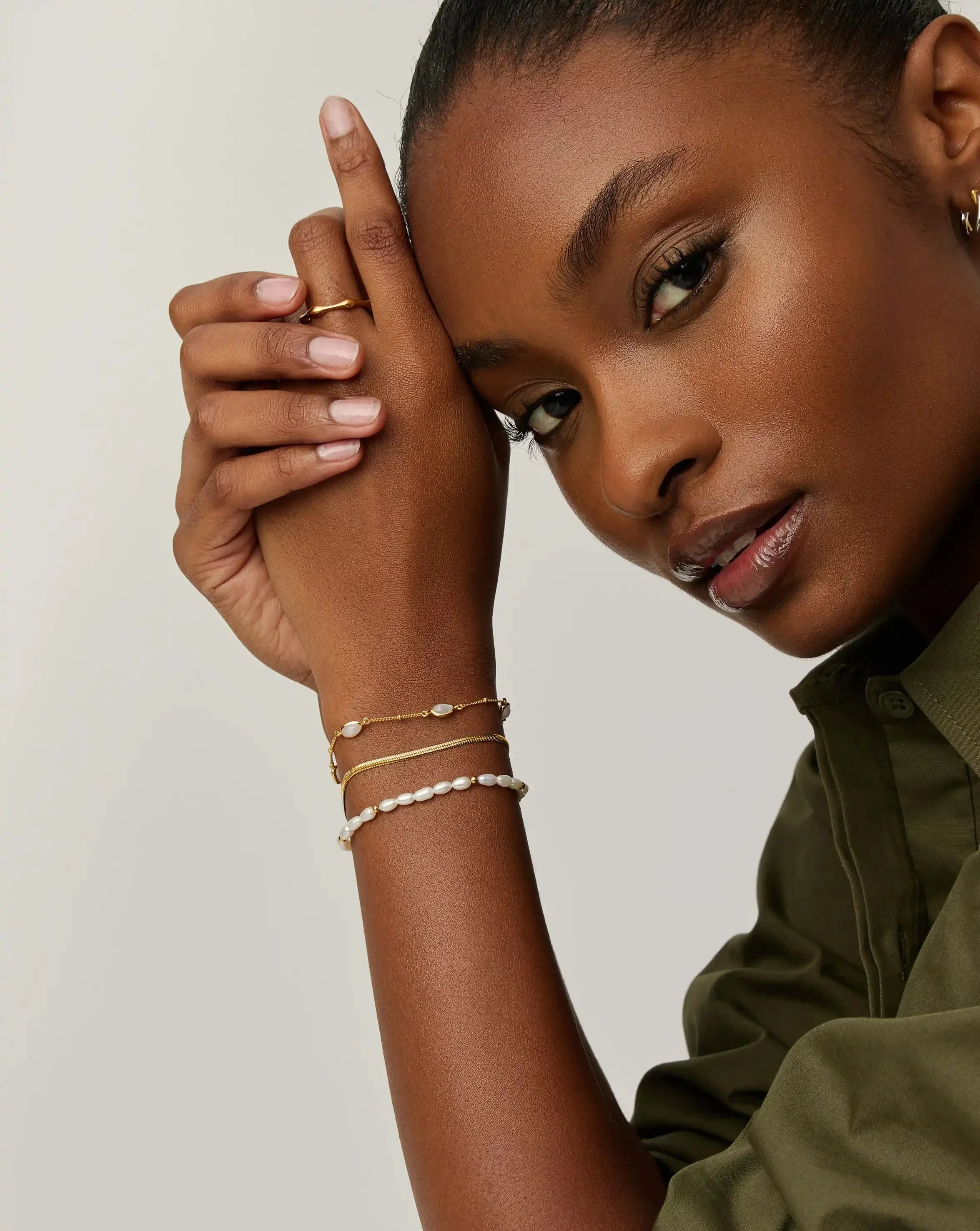 Pearl & Snake Chain Triple Bracelet Set  | 18ct Gold Plated/Pearl - Image 3