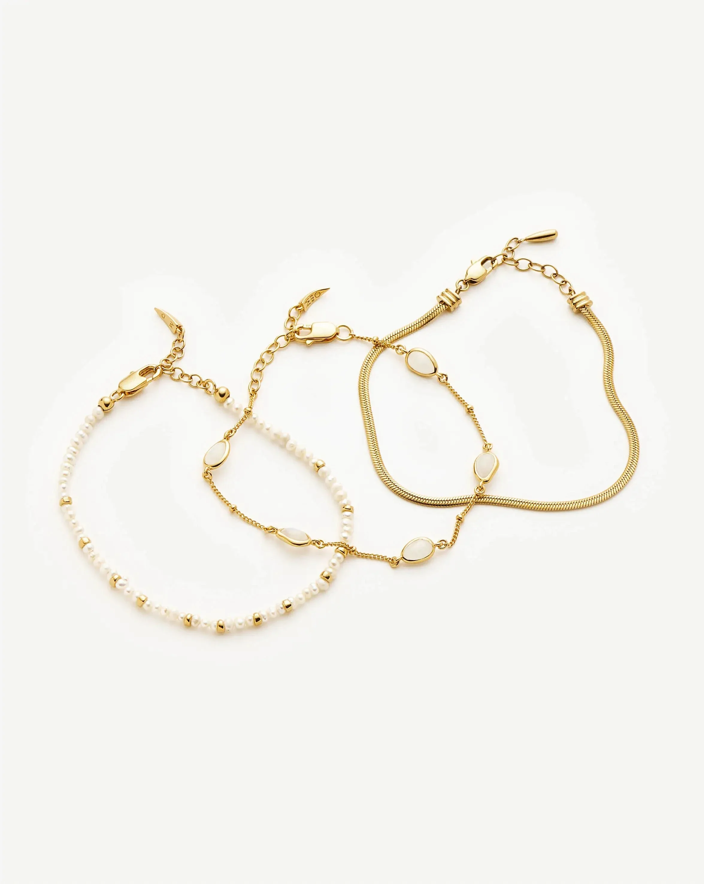 Pearl & Snake Chain Triple Bracelet Set  | 18ct Gold Plated/Pearl - Image 4